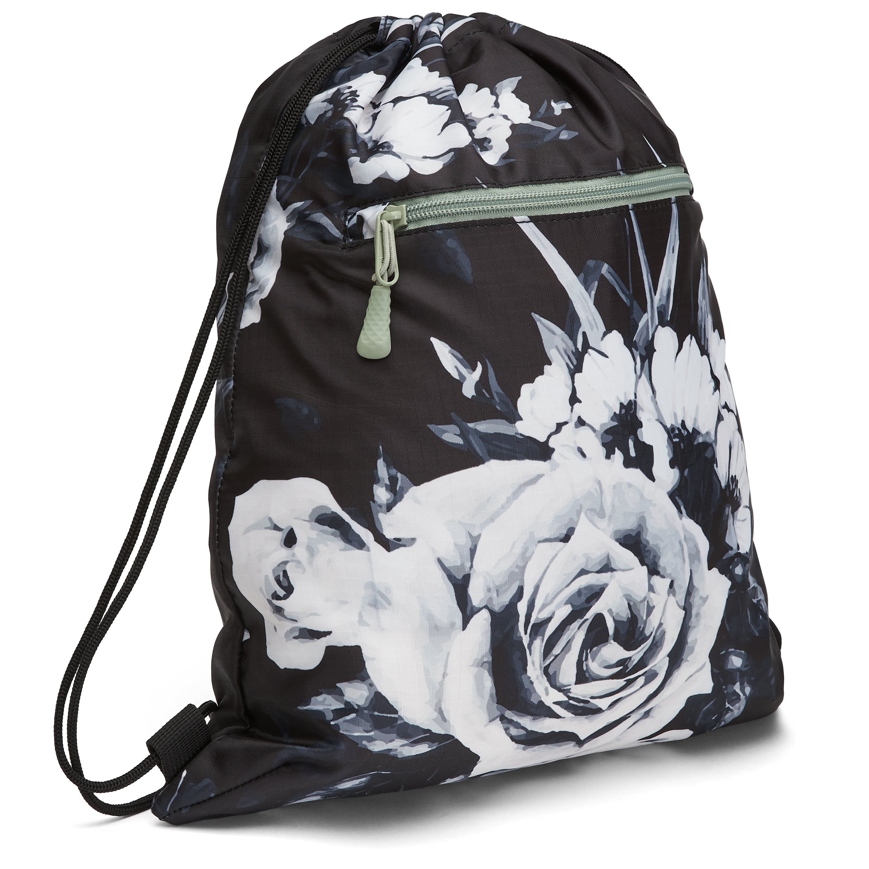 Ela Mo™ Packtaschen-Set | 5-teilig. Ein schwarzer, geblümter, dünner Rucksack des Sets mit kleinem Außenfach vorne.