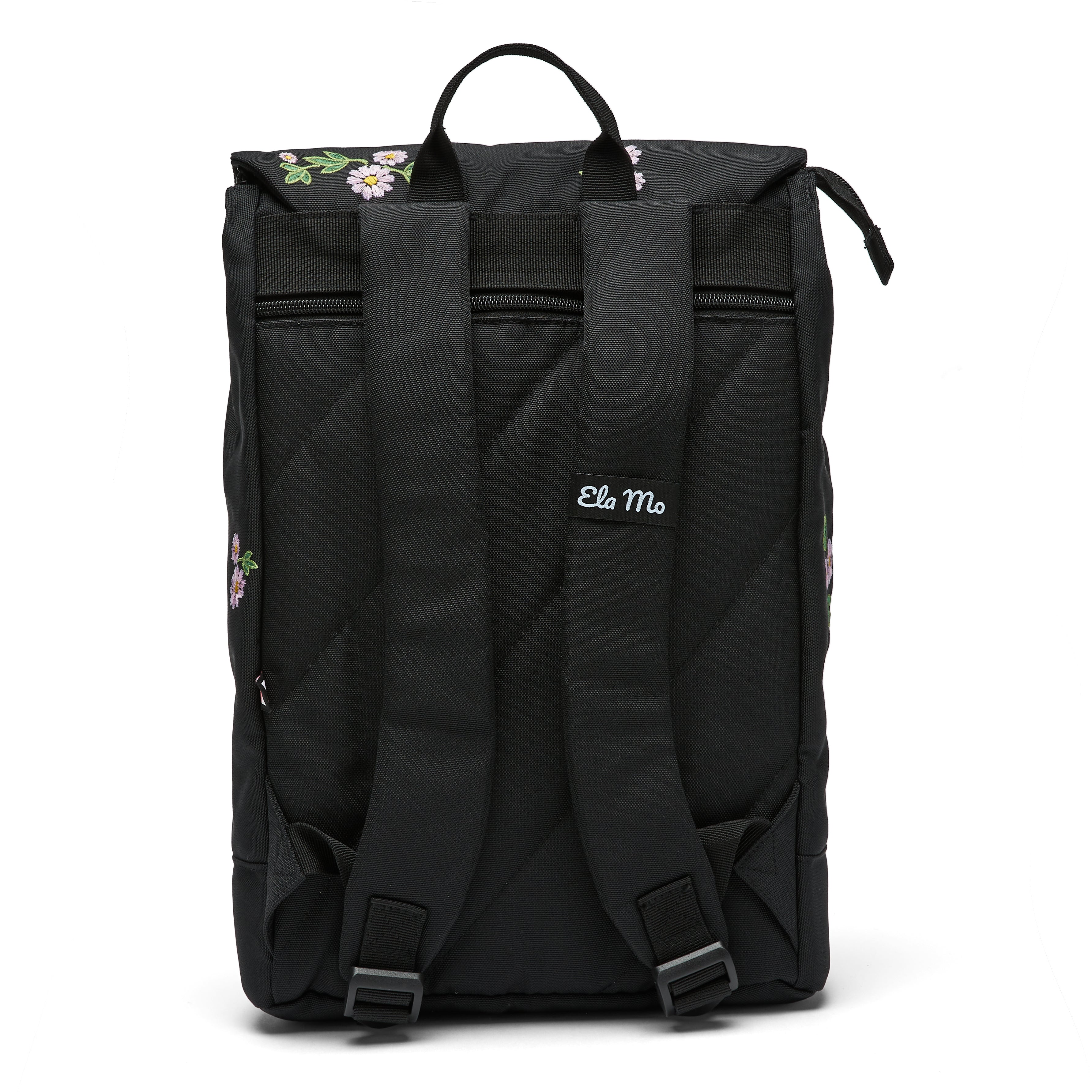 Ela Mo™ Daypack Rucksack | Embroidery Edition Upsy Daisy. Die Rückseite des Rucksacks mit Schulterriemen und Außenfach.