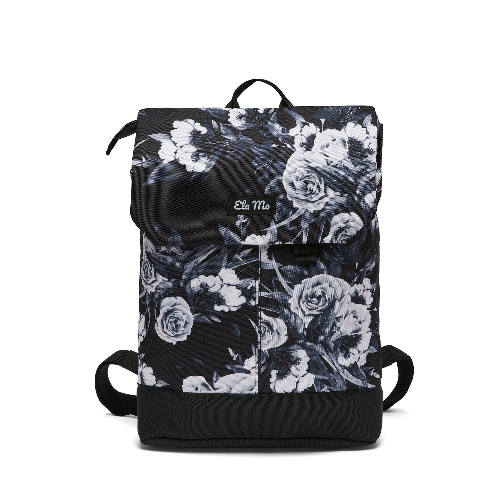 Ela Mo™ Daypack Rucksack | Nightrose. Geblümter Rucksack mit Herstellerlogo auf weißem Hintergrund.