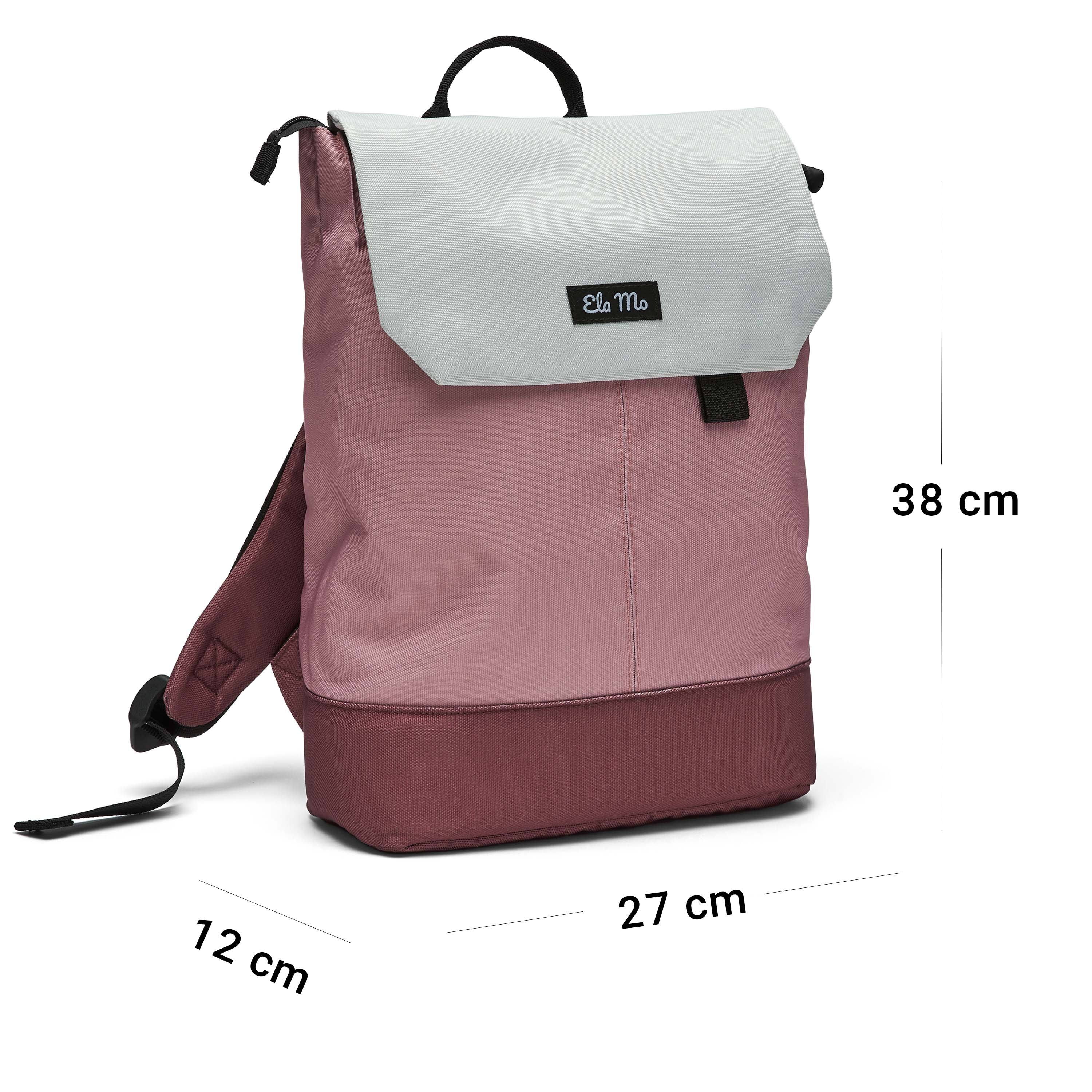 Ela Mo™ Daypack Rucksack | Strawberry Ceam. Ein rosa Rucksack mit Maßangaben auf weißem Hintergrund.