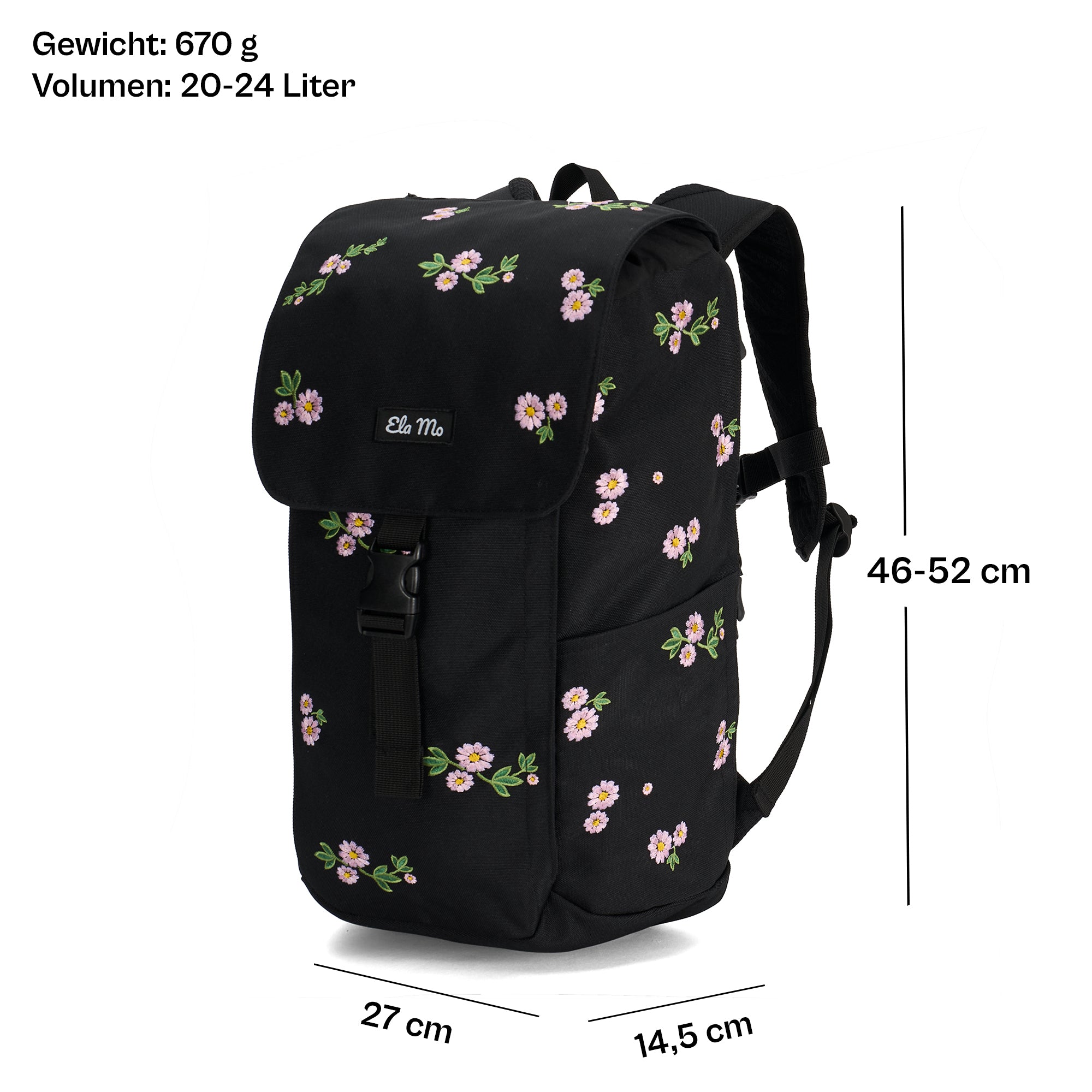 Ela Mo™ Everywhere Daypack | Embroidery Edition Upsy Daisy. Schwarz geblümter Rucksack mit Maßangaben auf weißem Hintergrund