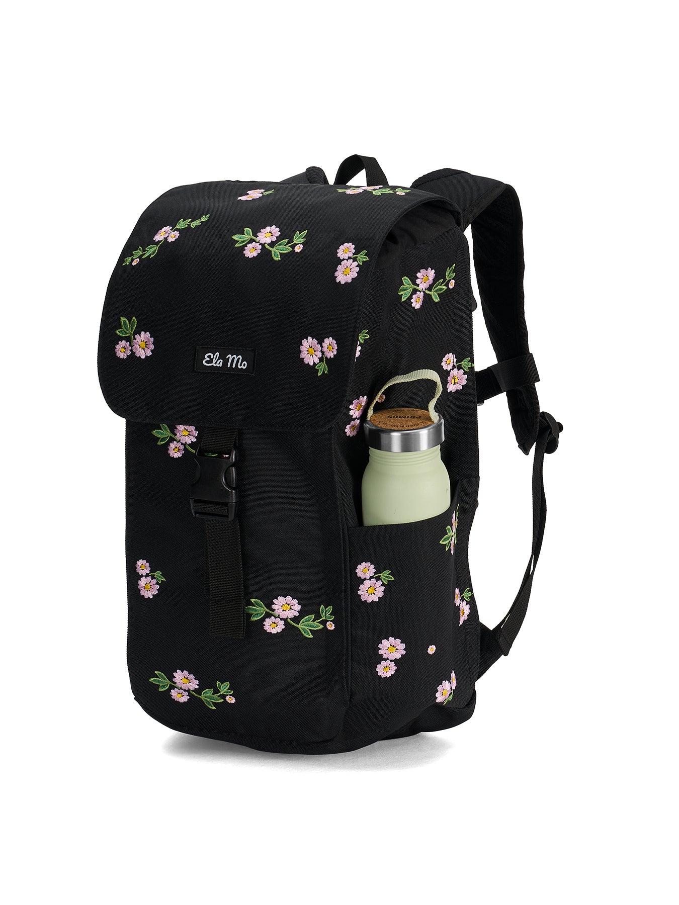 Ela Mo™ Everywhere Daypack | Embroidery Edition Upsy Daisy.Wasserflasche in der Seitentasche des schwarz geblümten Rucksacks
