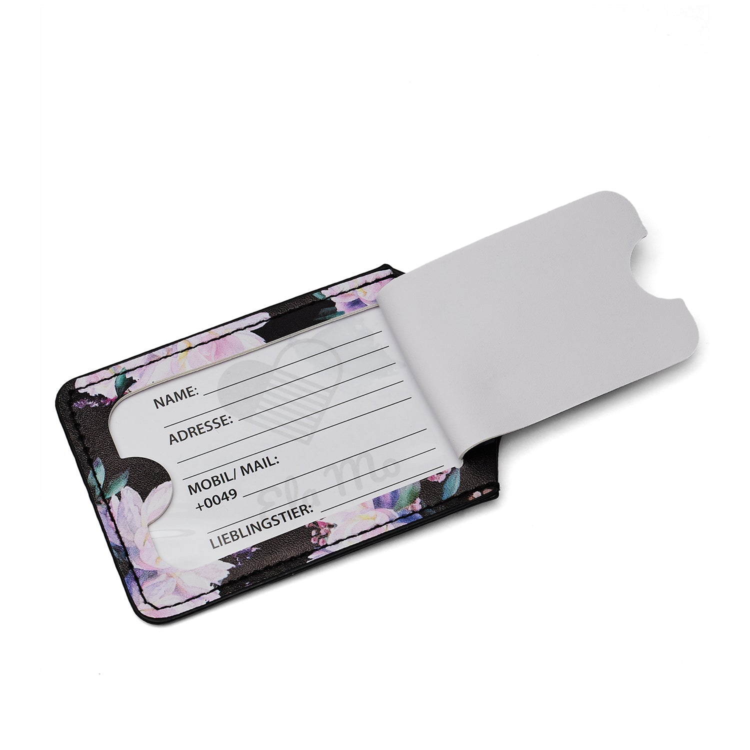 Ela Mo™ Gepäckanhänger | Beauty in Darkness. Ein geblümter Anhänger mit Namensschild darauf, das aufklappbar ist.