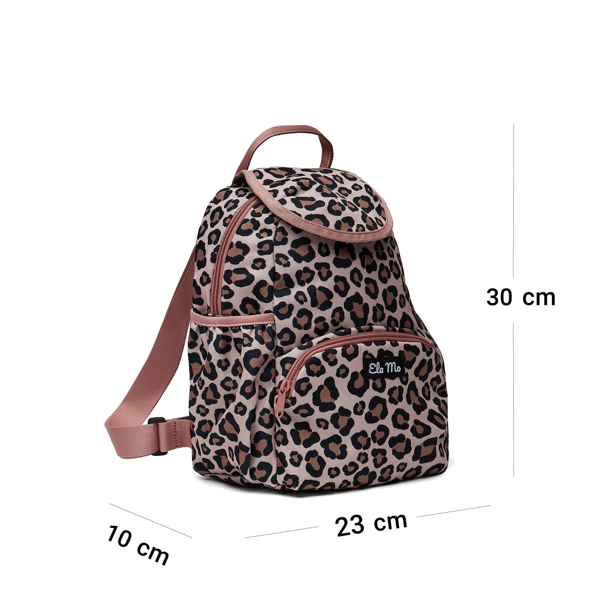 Ela Mo™ Mini Rucksack | Leo-mit Leopardenmuster auf weißem Hintergrund mit Maßangaben