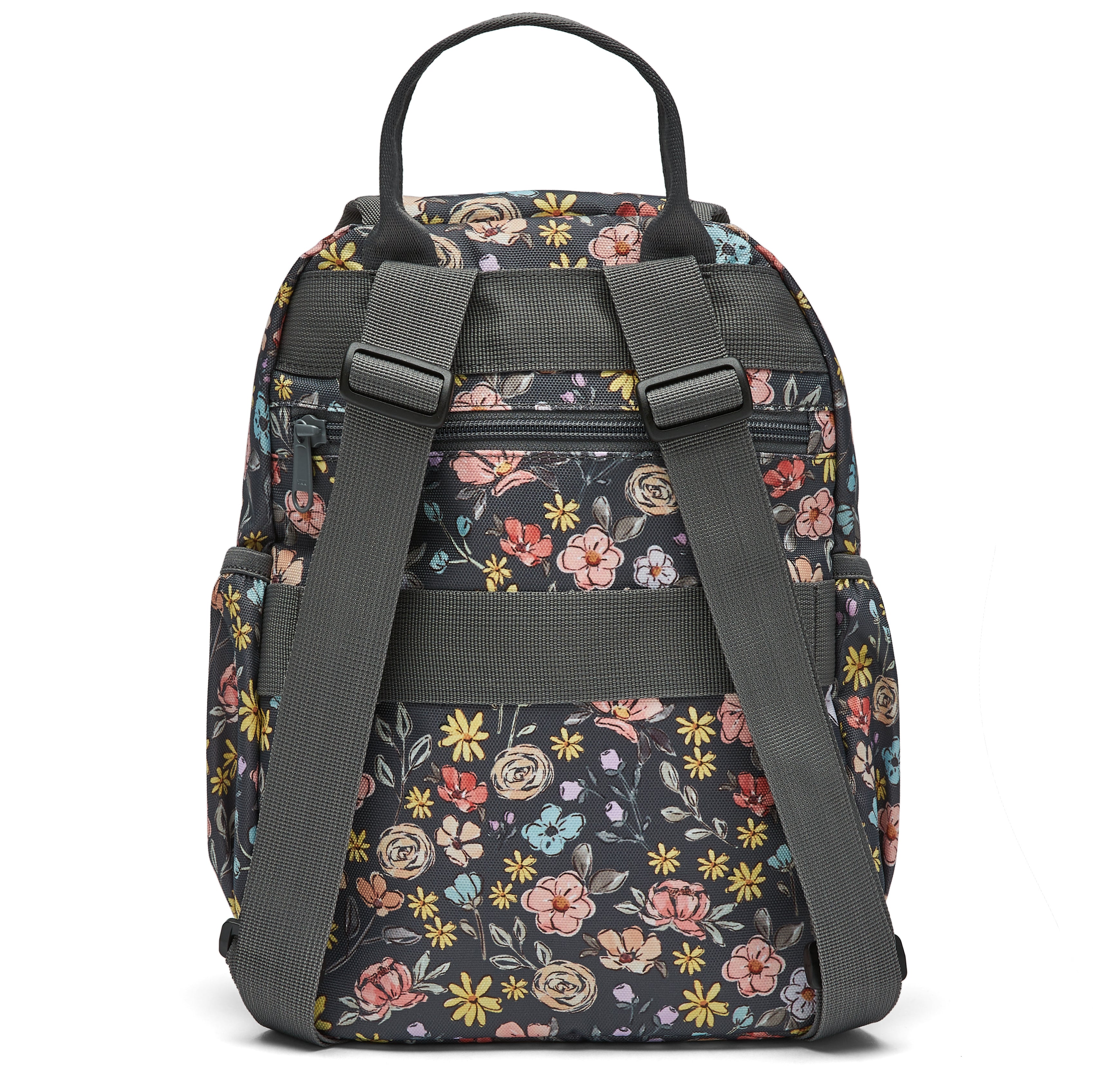 Ela Mo™ Mini Rucksack | Summer Meadows. Die Rückseite des Rucksacks mit Schulterriemen und kleinem Außenfach.