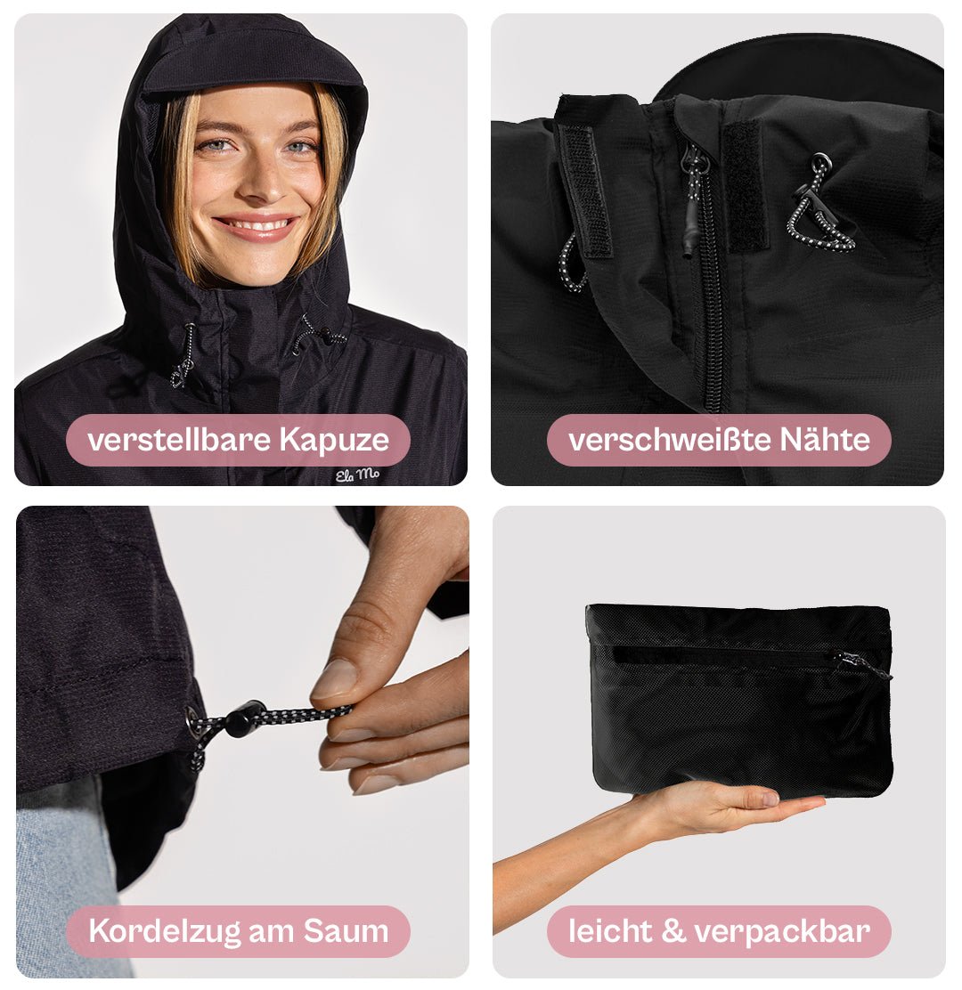 Ela Mo™ Regenjacke | Black. Eine leichte, schwarze Regenjacke mit Kapuze, verschweißten Nähten und Kordelzug am Saum.