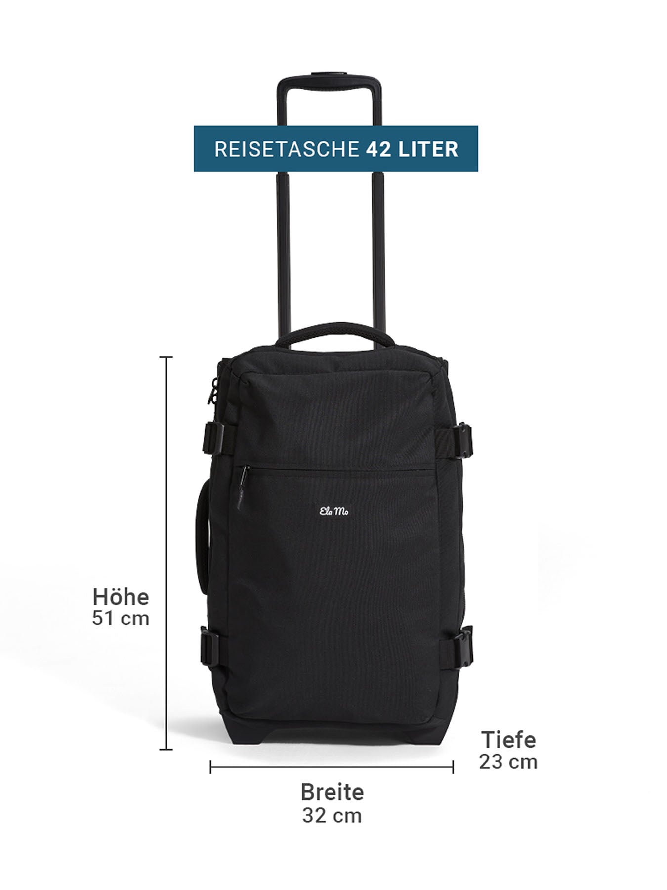 Ela Mo™ Reisetasche 42 Liter mit hochgezogenem Griff, schwarz | Auf weißem Hintergrund.