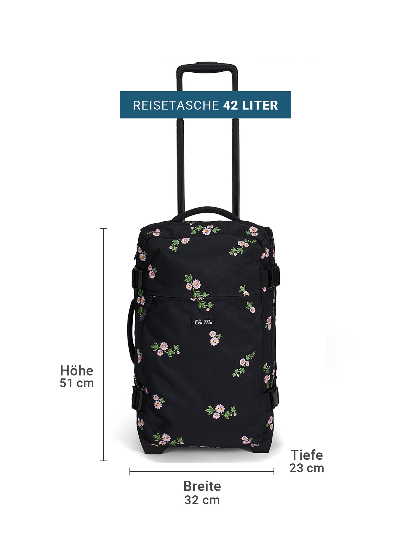 Ela Mo™ Reisetasche mit Rollen 42 Liter | Embroidery Edition Upsy Daisy. Schwarze Tasche mit floralem Muster und Maßangaben.