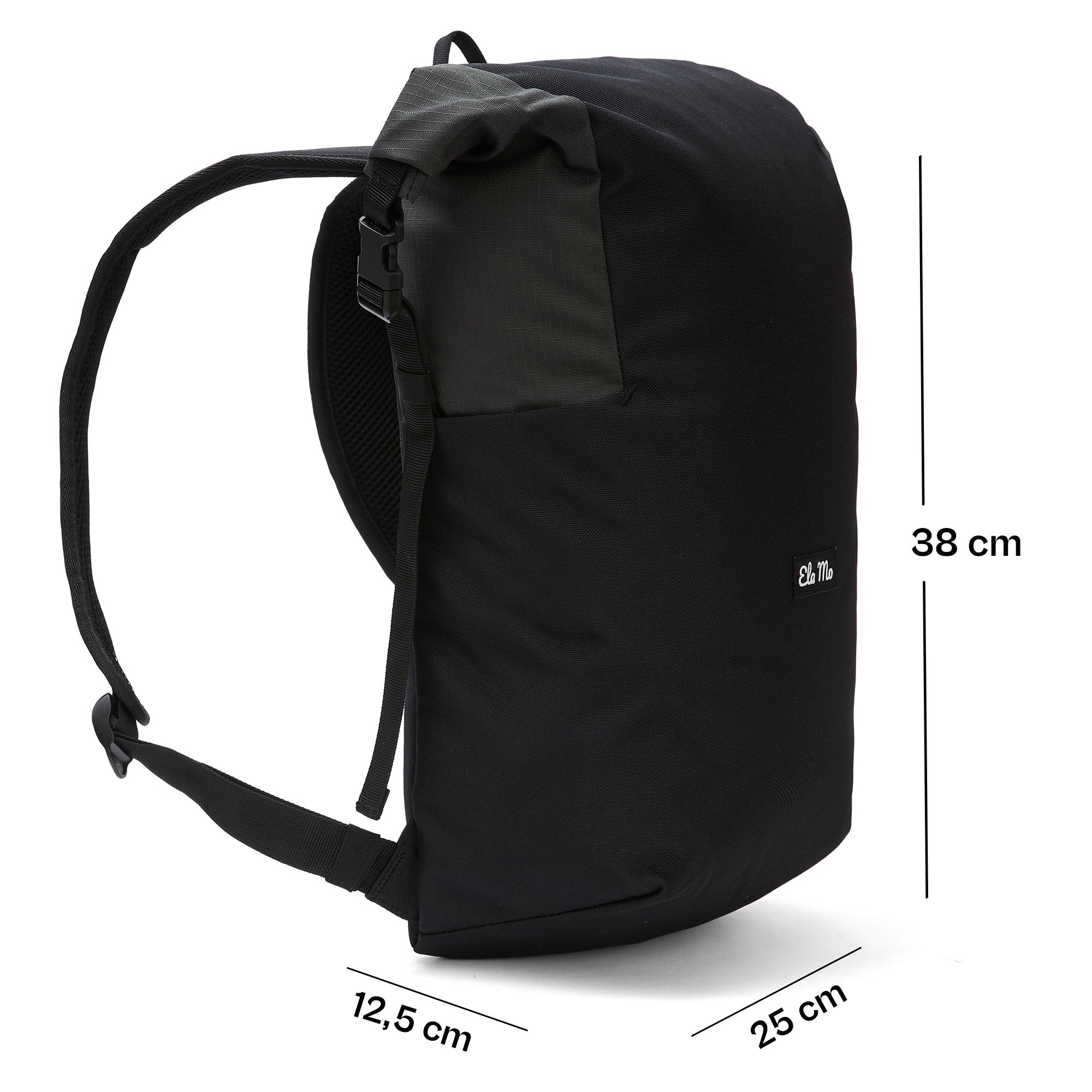Ela Mo™ Rolltop Lite | Black. Rucksack mit Maßangaben.