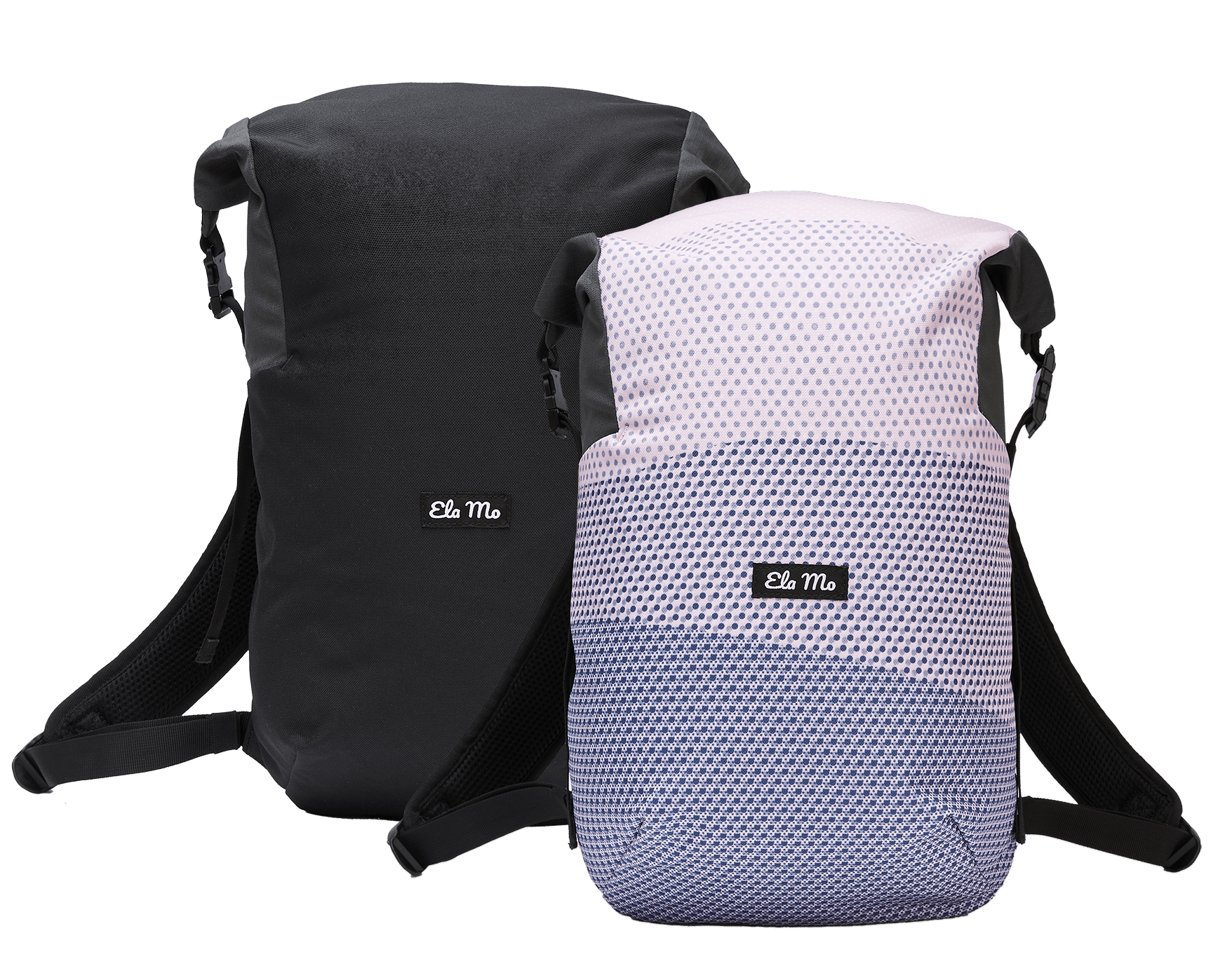 Ela Mo™ Rolltop Lite | New Horizon. Zwei Rucksäcke in Blautönen und Schwarz von vorne mit dem Herstellerlogo darauf.