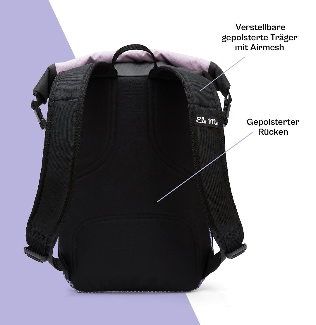 Ela Mo™ Rolltop Lite | New Horizon. Die Rückseite des Rucksacks mit gepolstertem Rücken und verstellbarem Träger.