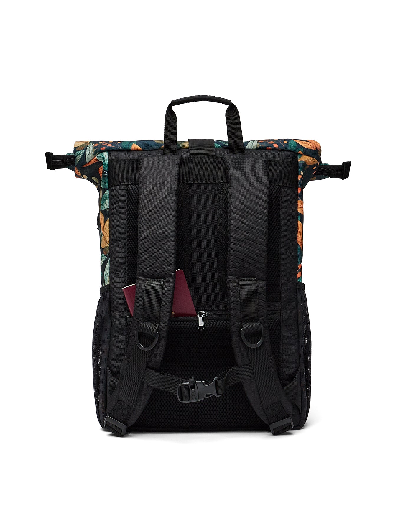 Ela Mo™ Rolltop Rucksack | Bye Bye Summer. Rückseite des floral gemusterten Rucksacks mit einem kleinen Außenfach.