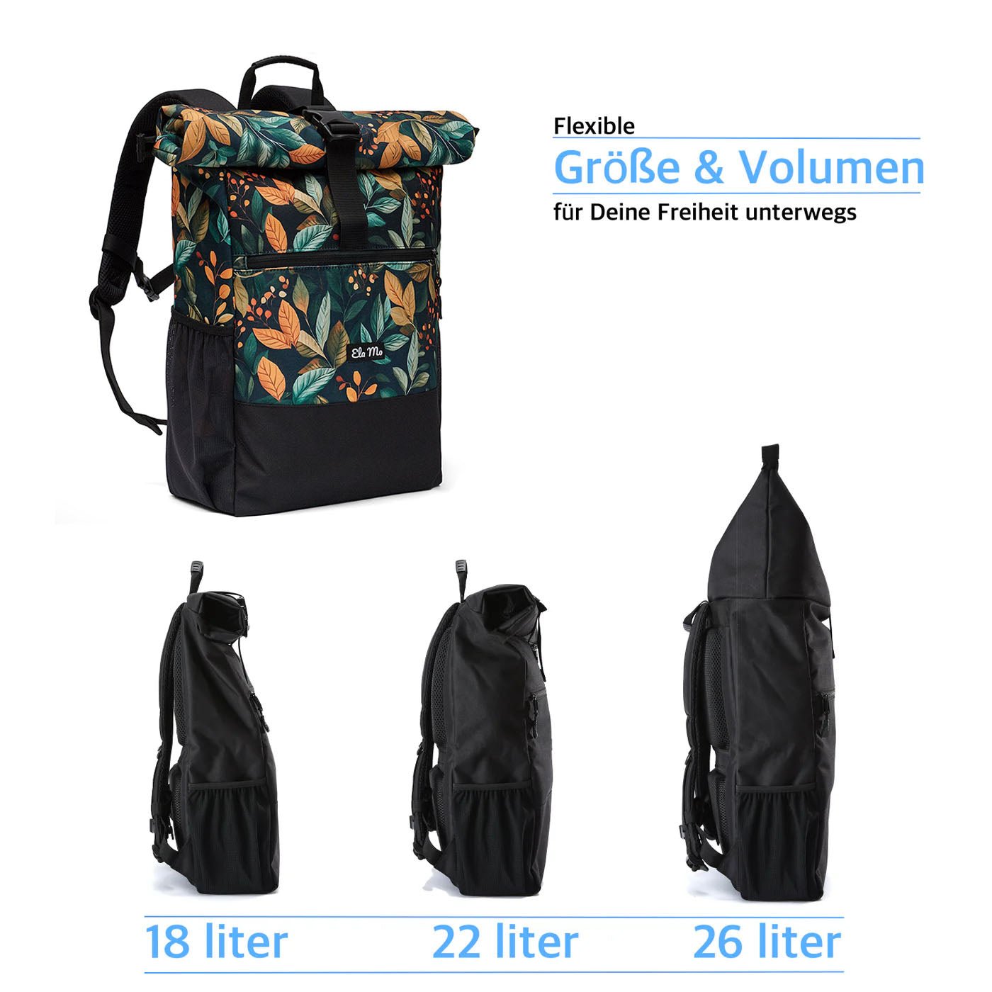 Ela Mo™ Rolltop Rucksack | Bye Bye Summer. Ein floraler Rucksack mit verschiedenen verstellbaren Einstellungsmöglichkeiten.