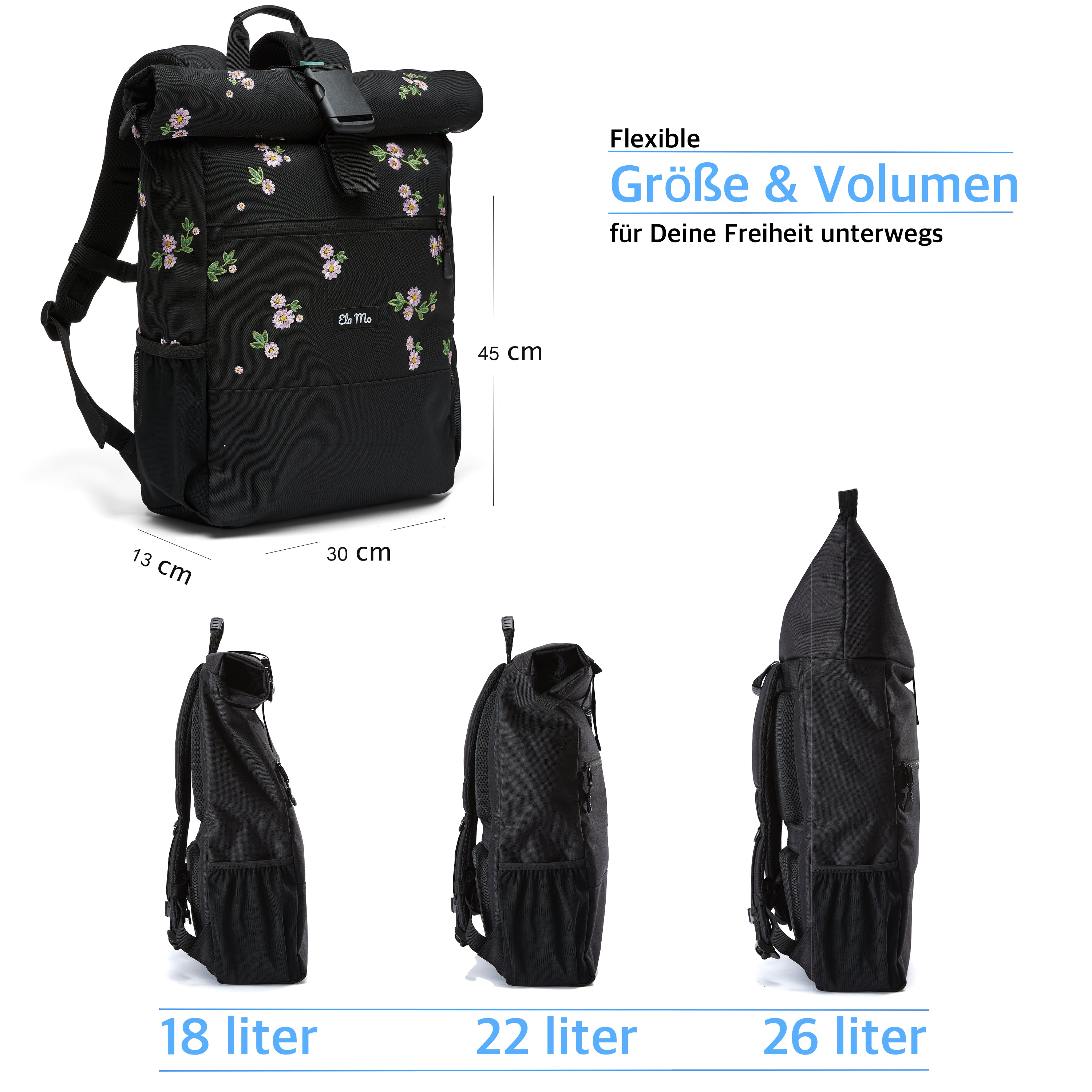 Ela Mo™ Rolltop Rucksack | Embroidery Edition Upsy Daisy. Rucksack mit Maßangaben und Möglichkeiten zur Volumenerweiterung.
