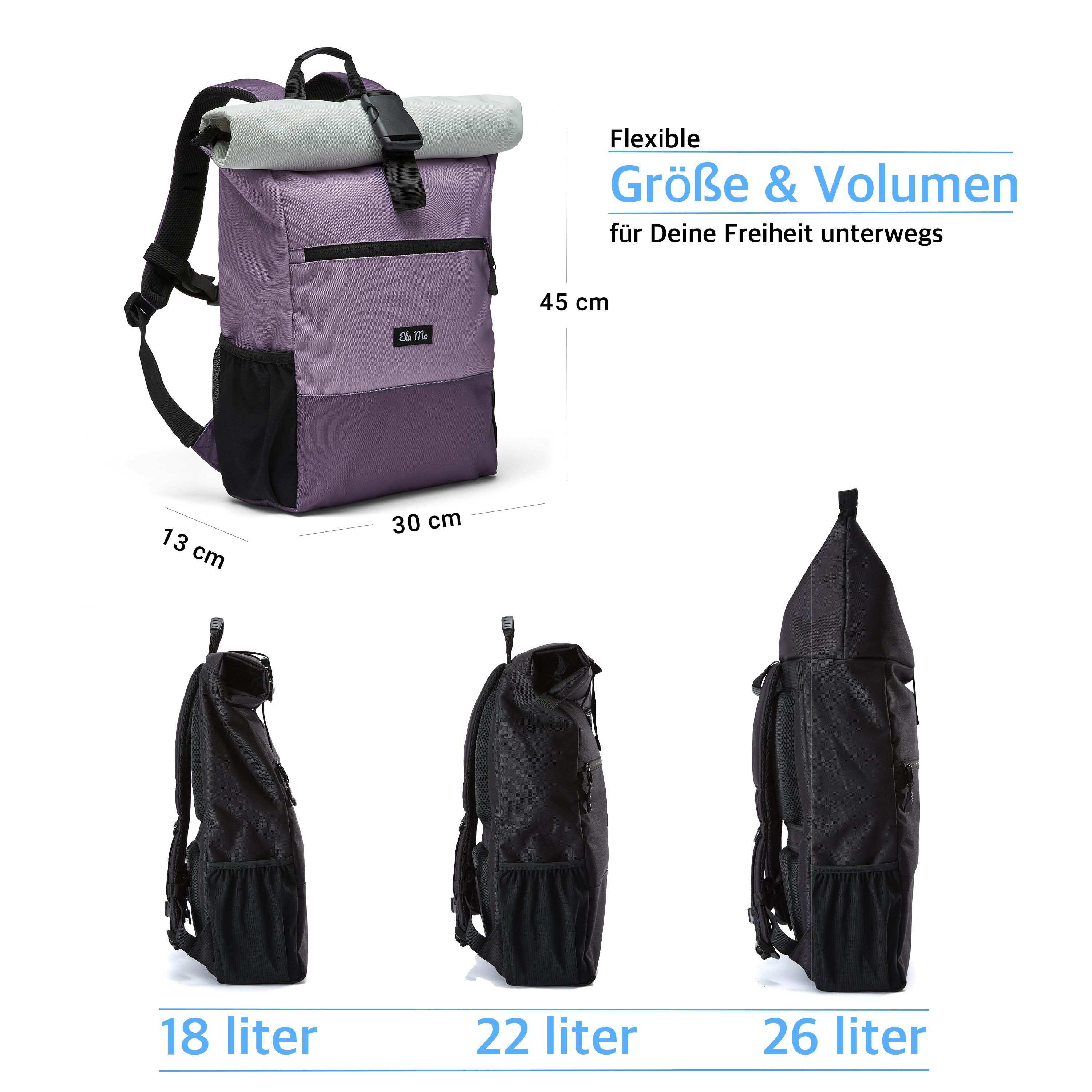 Ela Mo™ Rolltop Rucksack | Lavender. Rucksack mit Maßangaben und drei Möglichkeiten zur Volumenerweiterung.