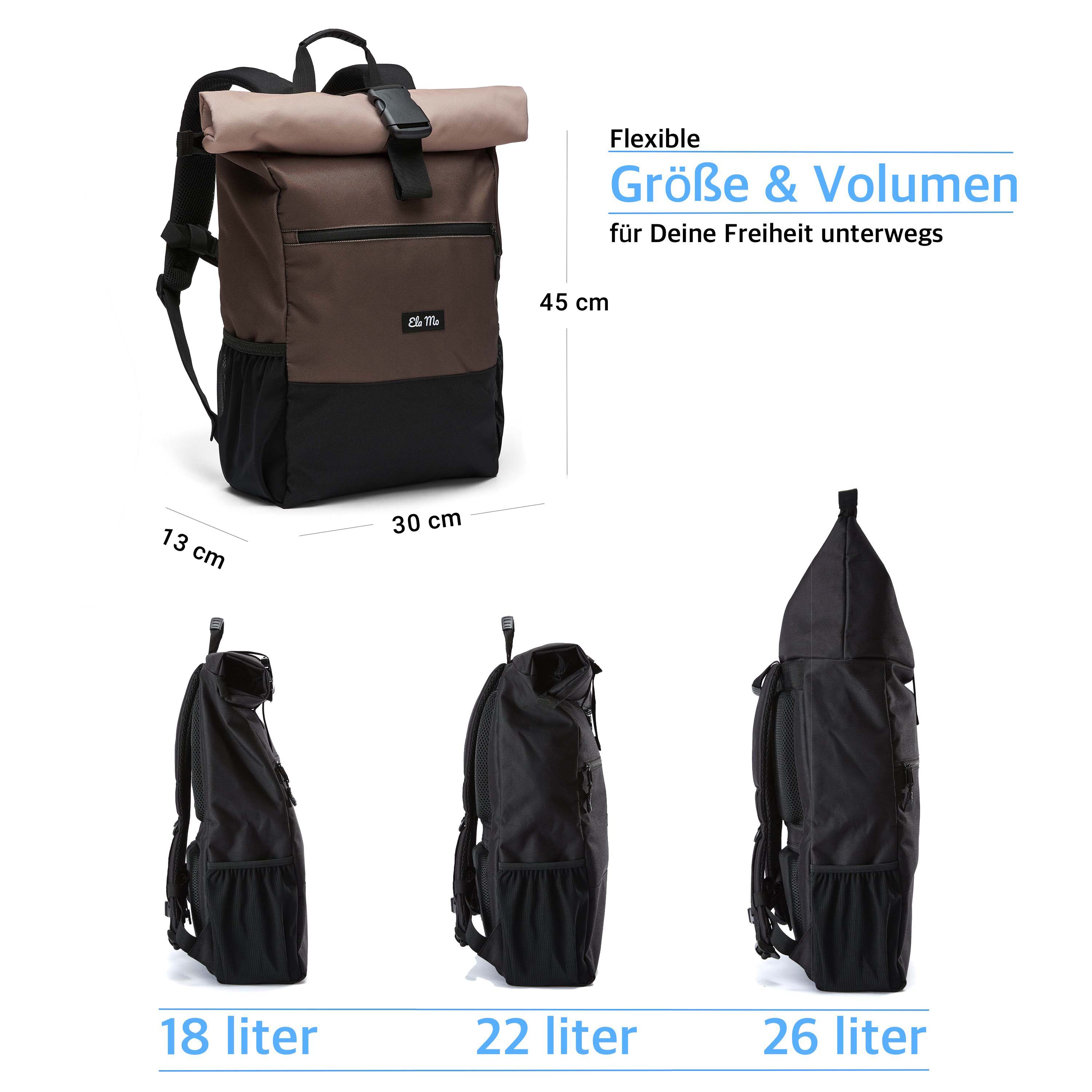 Ela Mo™ Rolltop Rucksack | Sand and Olive. Rucksack mit Maßangaben und drei Möglichkeiten zur Volumenerweiterung.