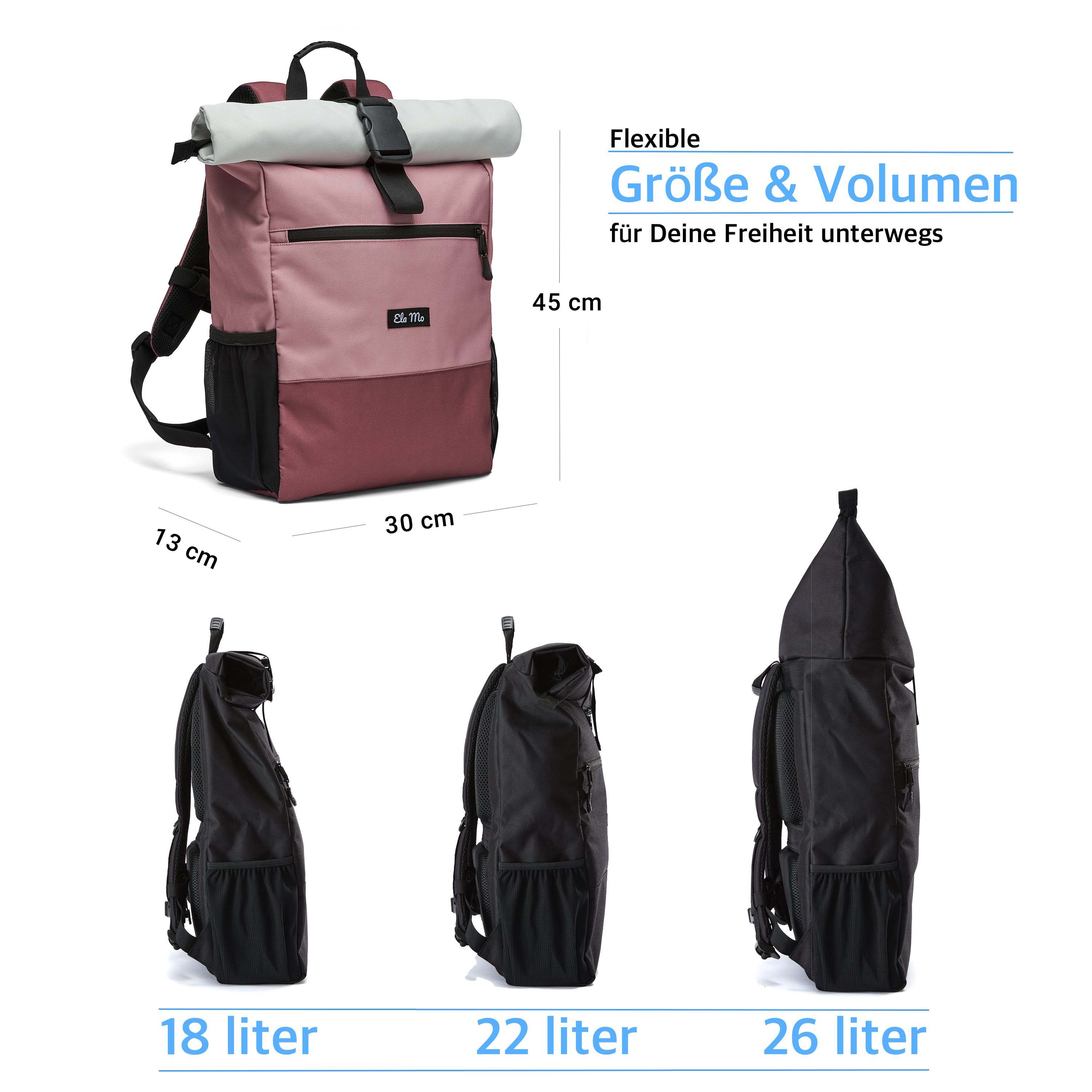 Ela Mo™ Rolltop Rucksack | Strawberry Ceam. Rucksack mit Maßangaben und drei Möglichkeiten zur Volumenerweiterung.