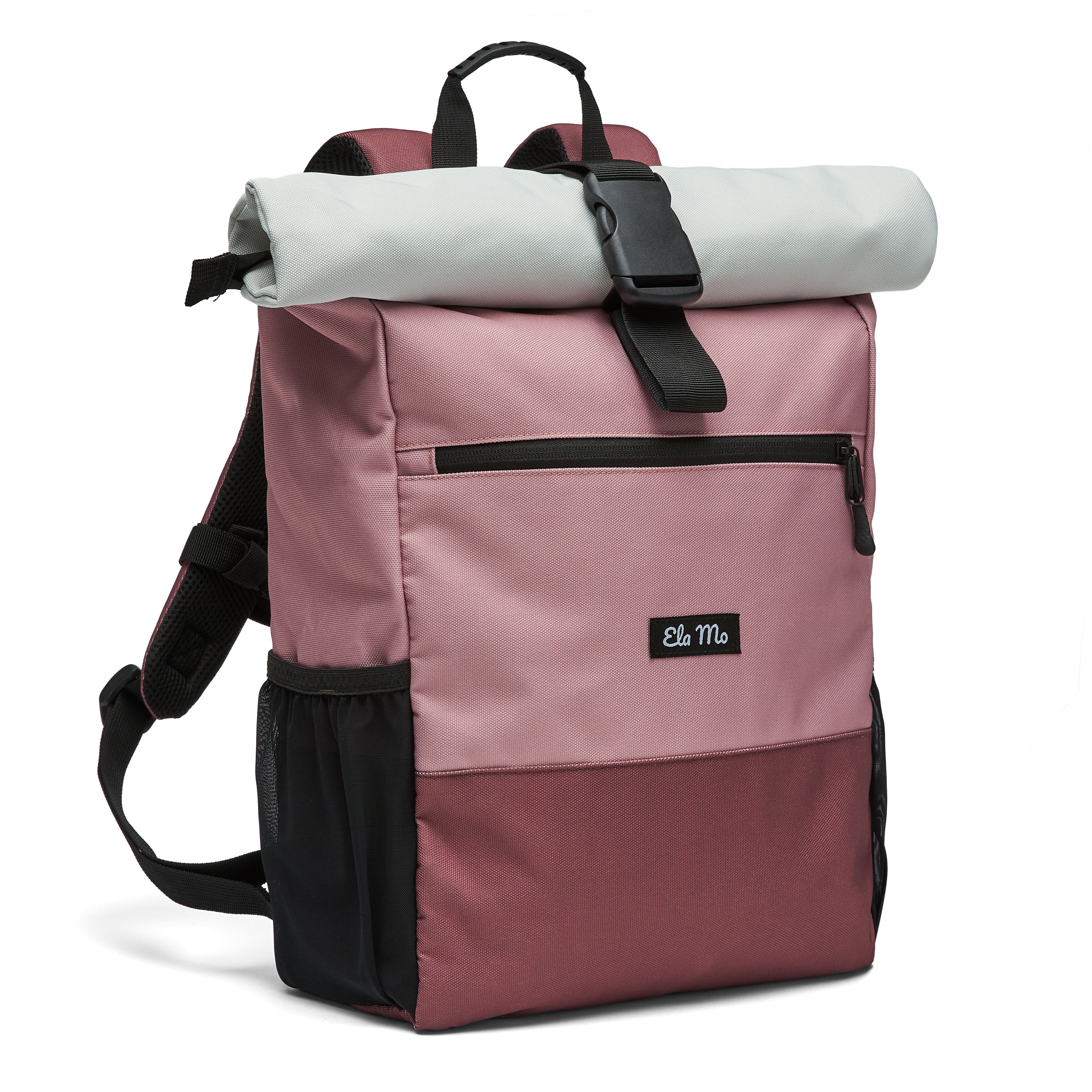 Ela Mo™ Rolltop Rucksack | Strawberry Ceam. Rucksack mit seitlichem Flaschenfach und Herstellerlogo.