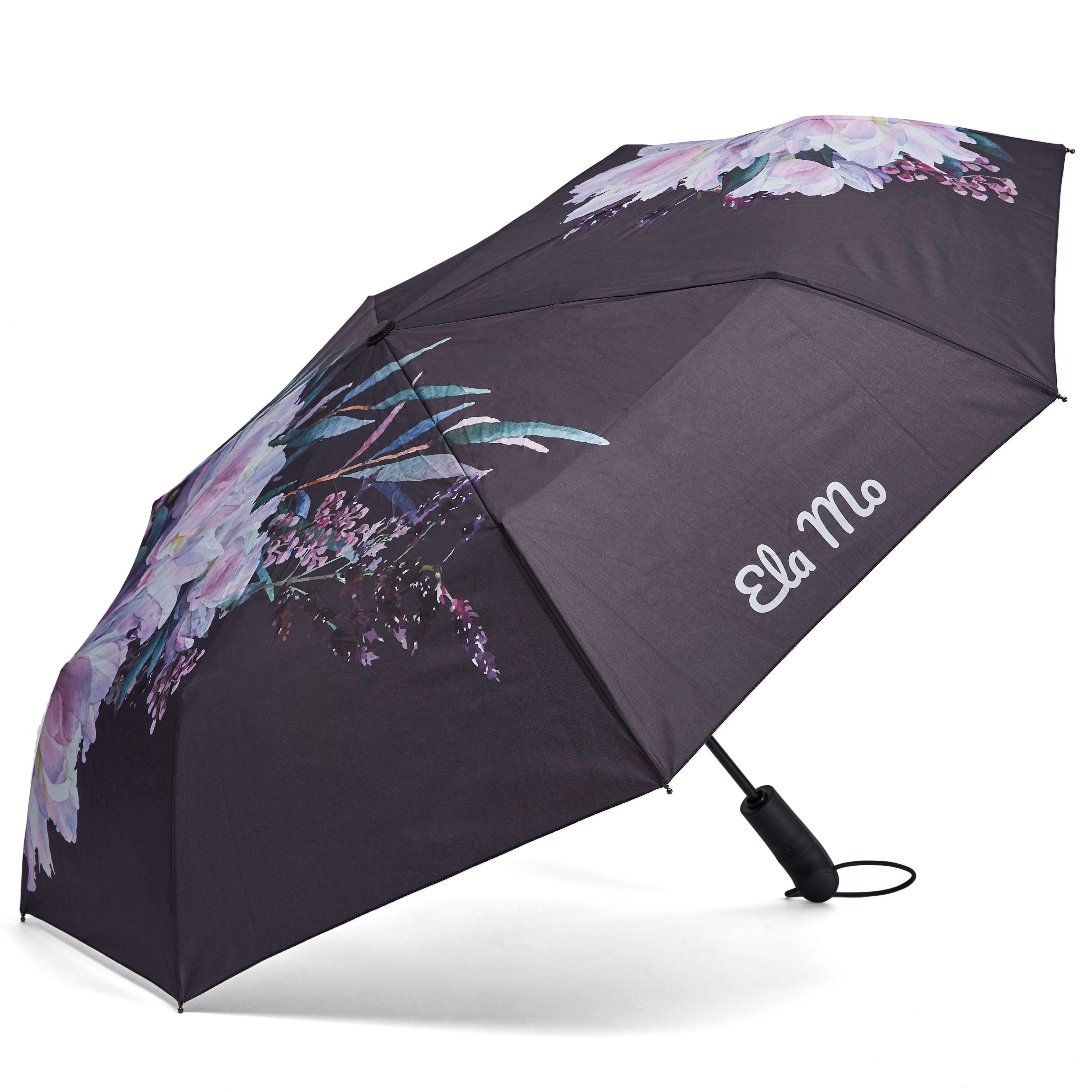 Ela Mo™ Taschenschirm | Beauty in Darkness. Ein schwarzer, geblümter Schirm mit Herstellerlogo auf weißem Hintergrund.