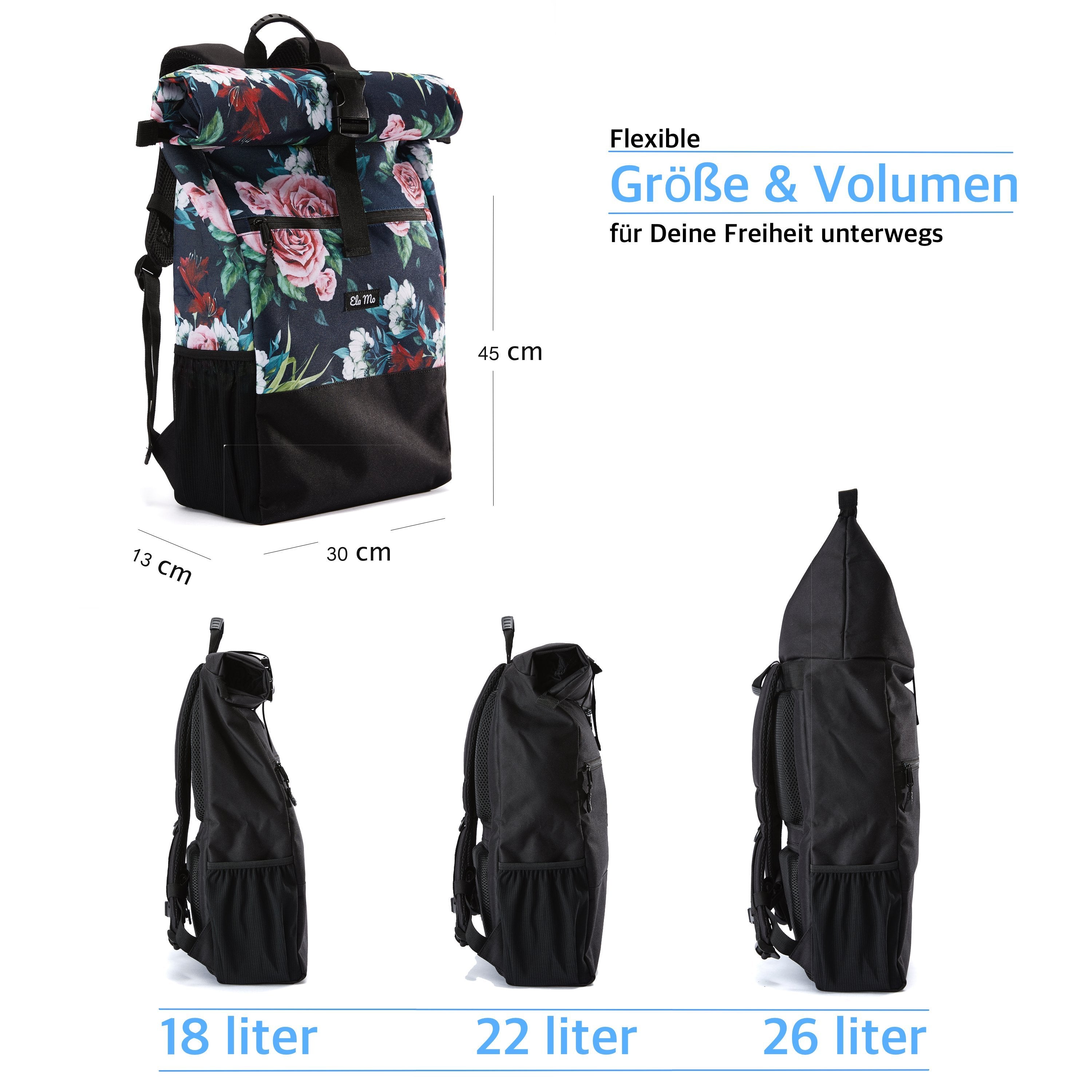 Ela Mo™ Rolltop Rucksack | A Rose. Rucksack mit drei Möglichkeiten zur Volumenerweiterung auf weißem Hintergrund.