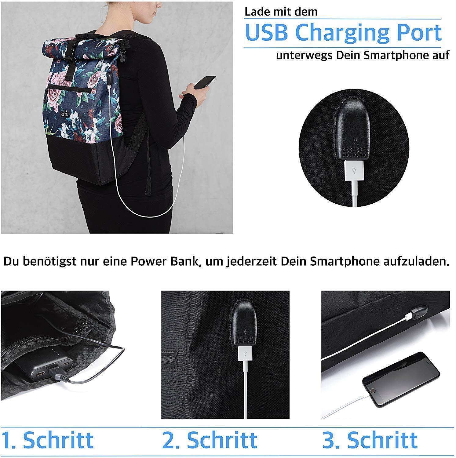 Ela Mo™ Rolltop Rucksack | A Rose. Rucksack mit Ladekabel und Anleitung zum Aufladen.