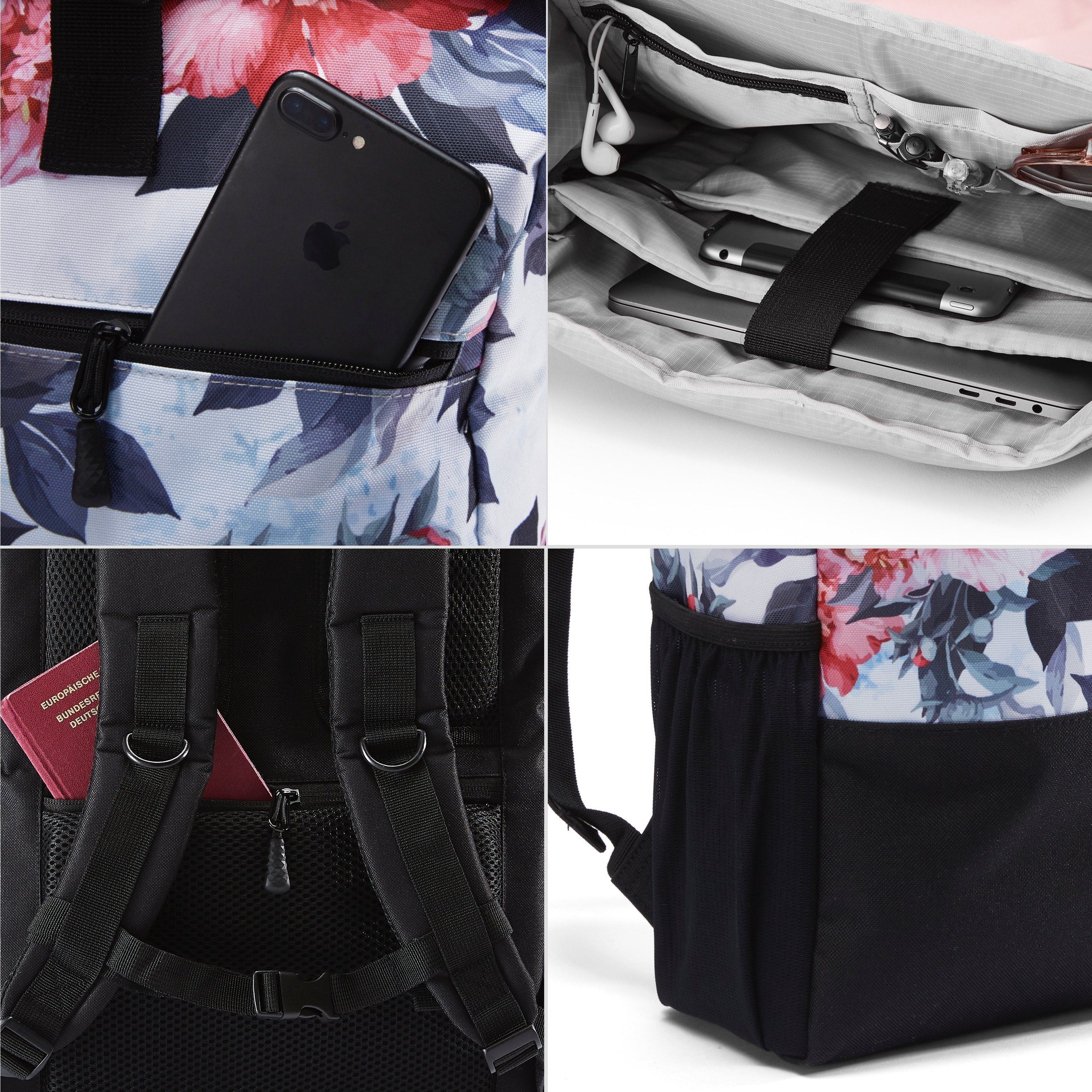 Ela Mo™ Rolltop Rucksack | Bloom! Flaschenfach, Außenfach, Innenbereich und seitliche Tasche des Rucksacks.