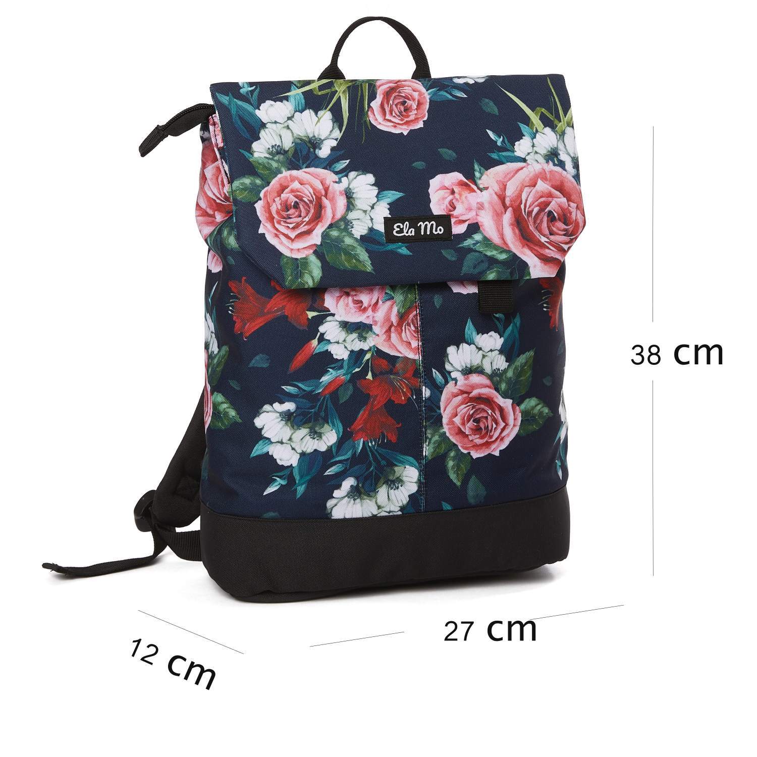 Ela Mo™ Daypack Rucksack | A Rose. Der Rucksack mit Maßangaben auf weißem Hintergrund.