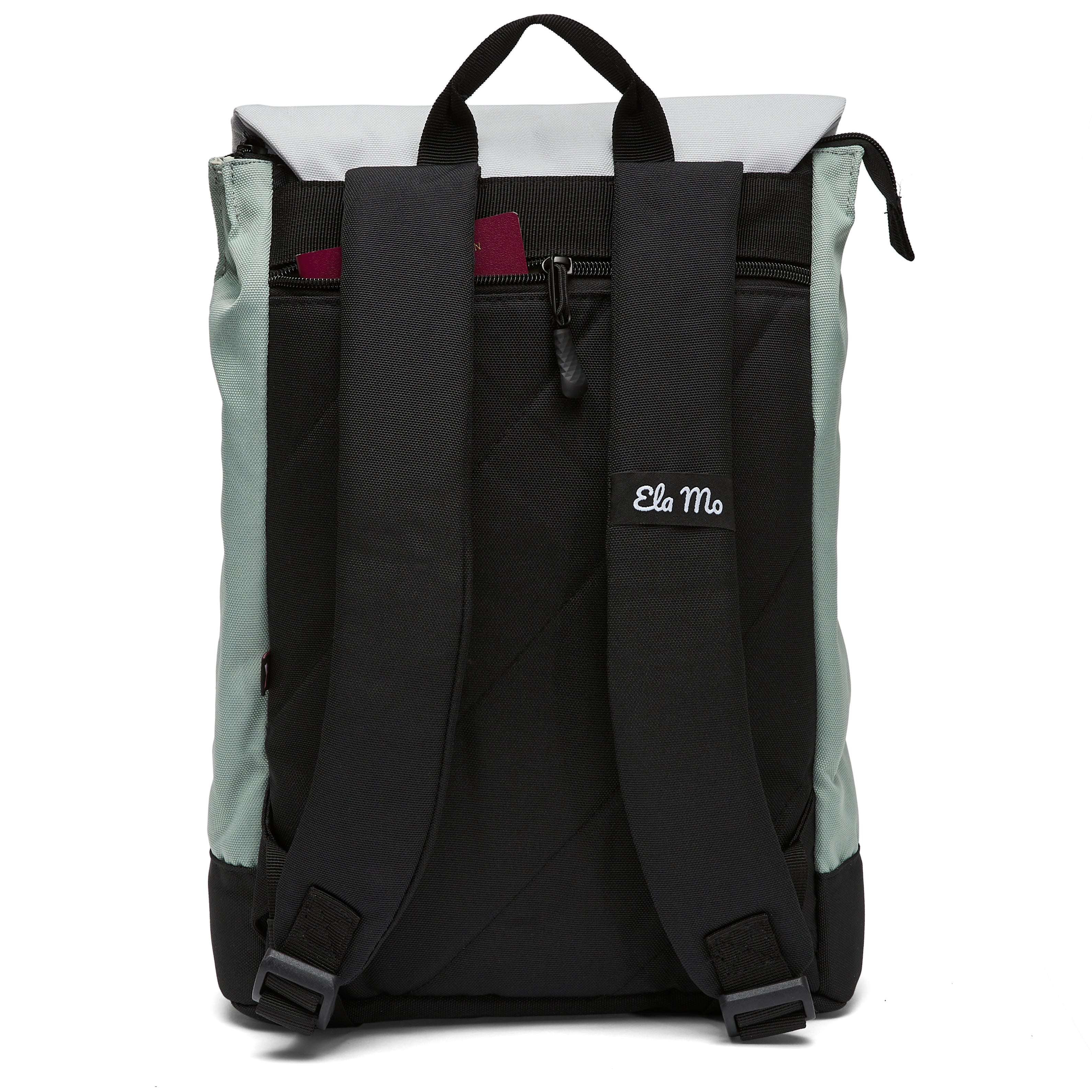 Ela Mo™ Daypack Rucksack | Mintgrey. Die Rückseite des Rucksacks mit Schulterriemen und kleinem Außenfach.