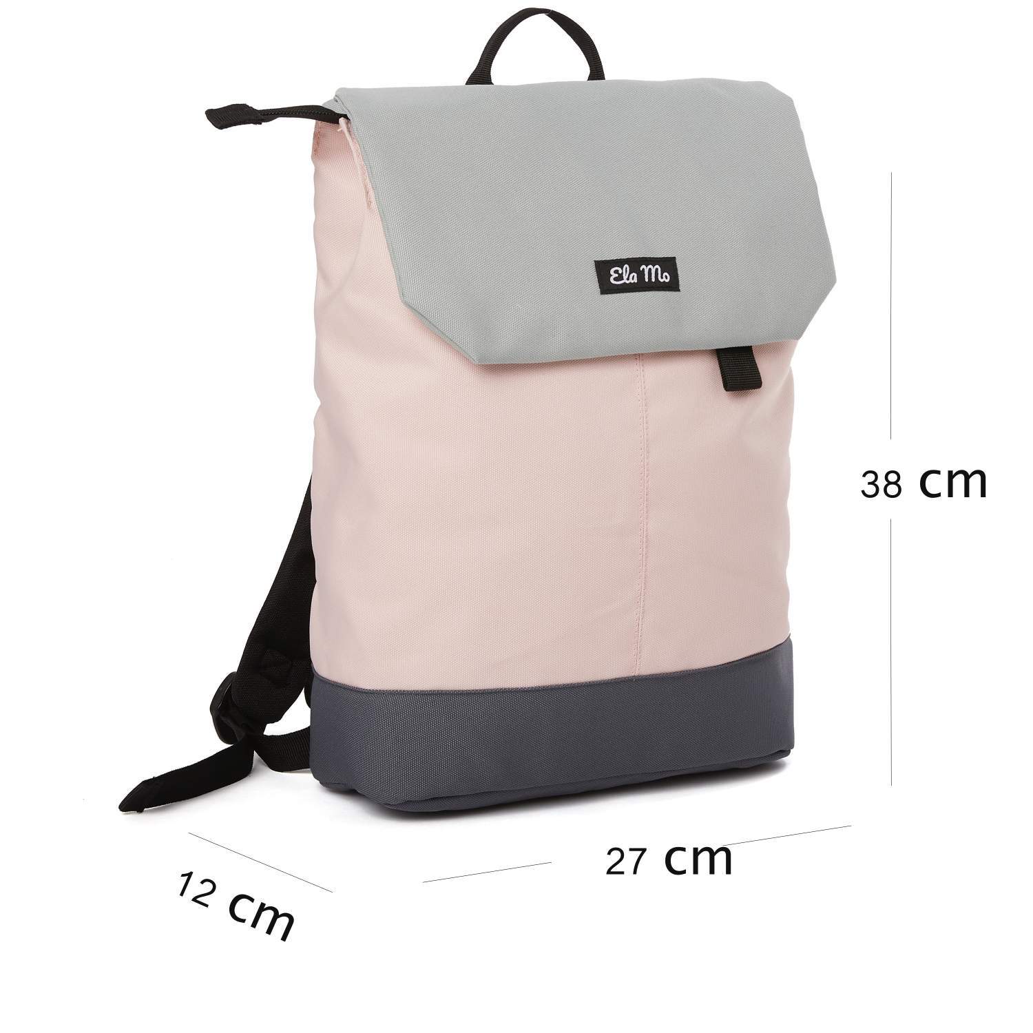 Ela Mo™ Daypack Rucksack | Rose on Rocks. Der Rucksack mit Maßangaben auf weißem Hintergrund.