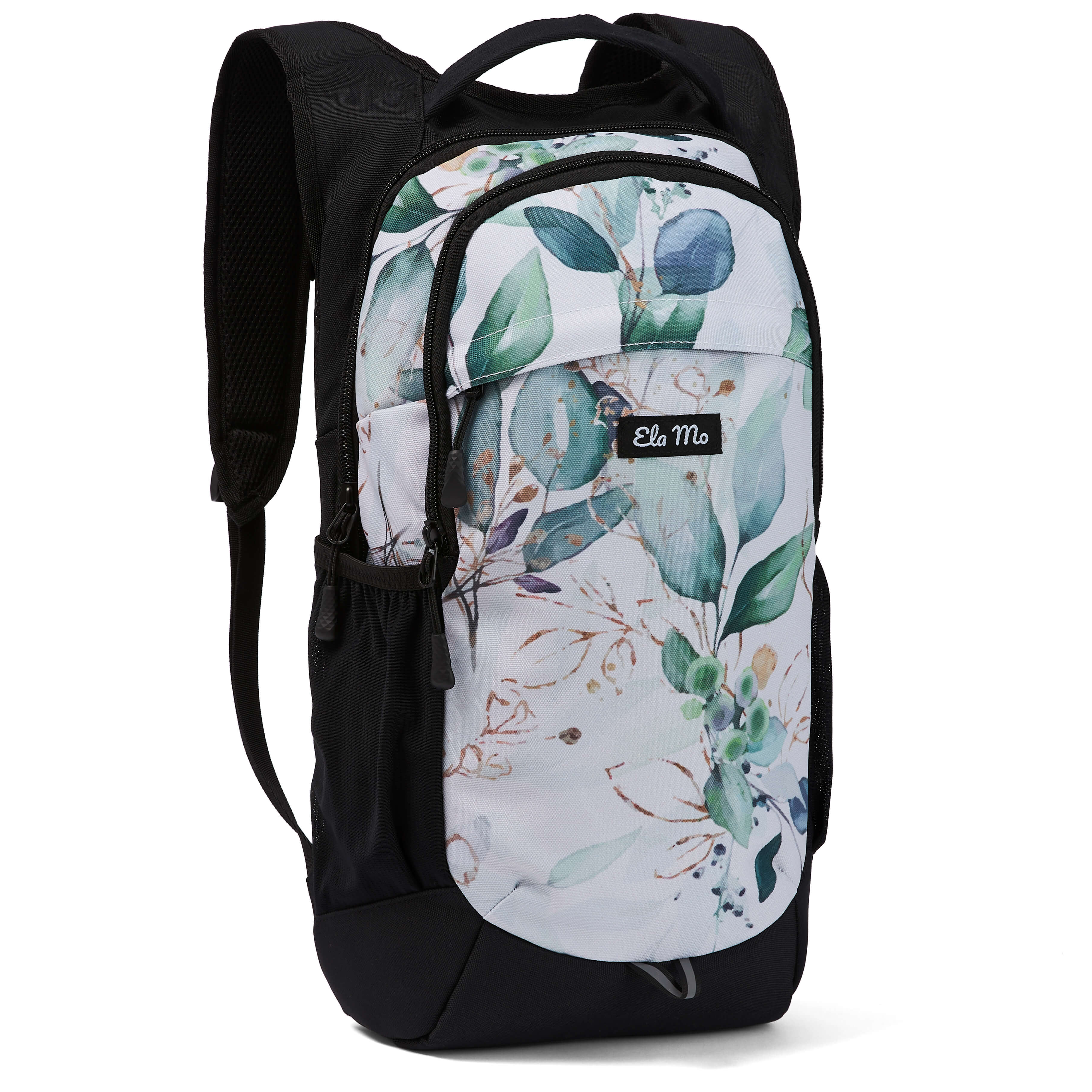 Ela Mo™ Flow Rucksack | Waterleaf Gold. Rucksack mit seitlichem Flaschenfach, Logo vorne und Reißverschluss oben