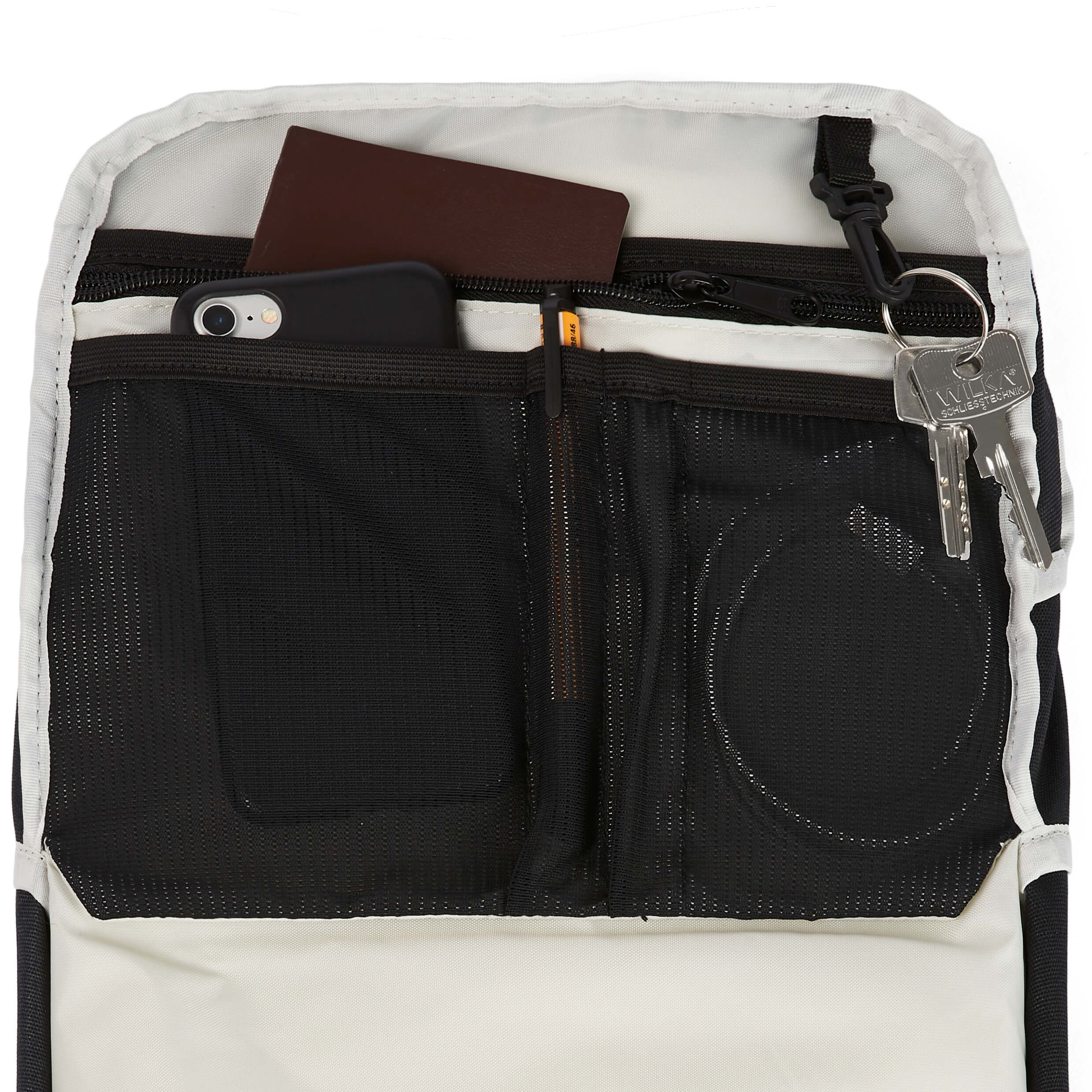 Ela Mo™ Flow Rucksack | Waterleaf Gold. Innenfach des Rucksacks mit kleinen Fächern und Schlüsselanhänger.