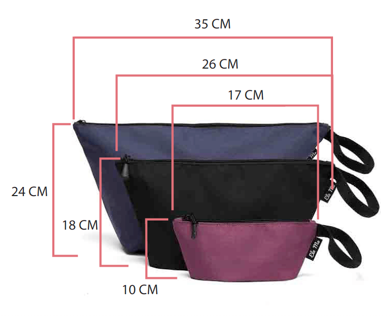 Ela Mo™ Taschen-Set für Rucksäcke | 3-teilig. Drei Taschen in verschiedenen Größen und Farben mit Maßangaben.