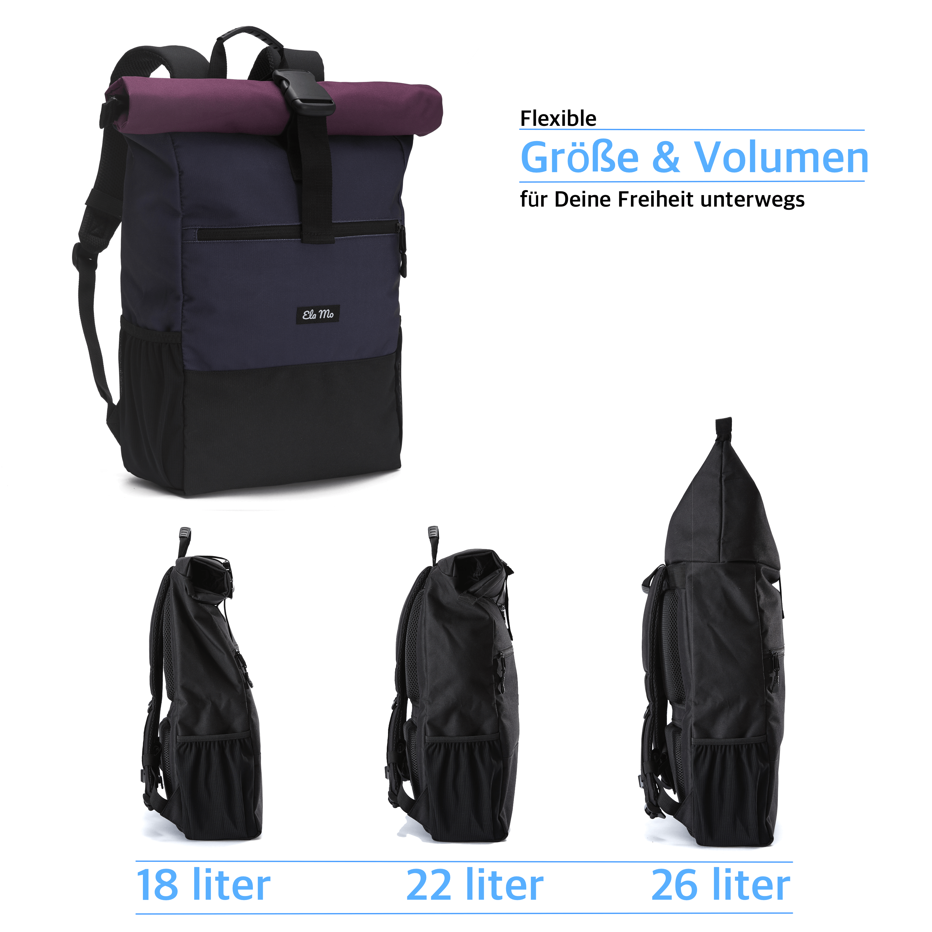 Ela Mo™ Rolltop Rucksack | Berry. Rucksack mit Maßangaben und drei Möglichkeiten zur Volumenerweiterung.