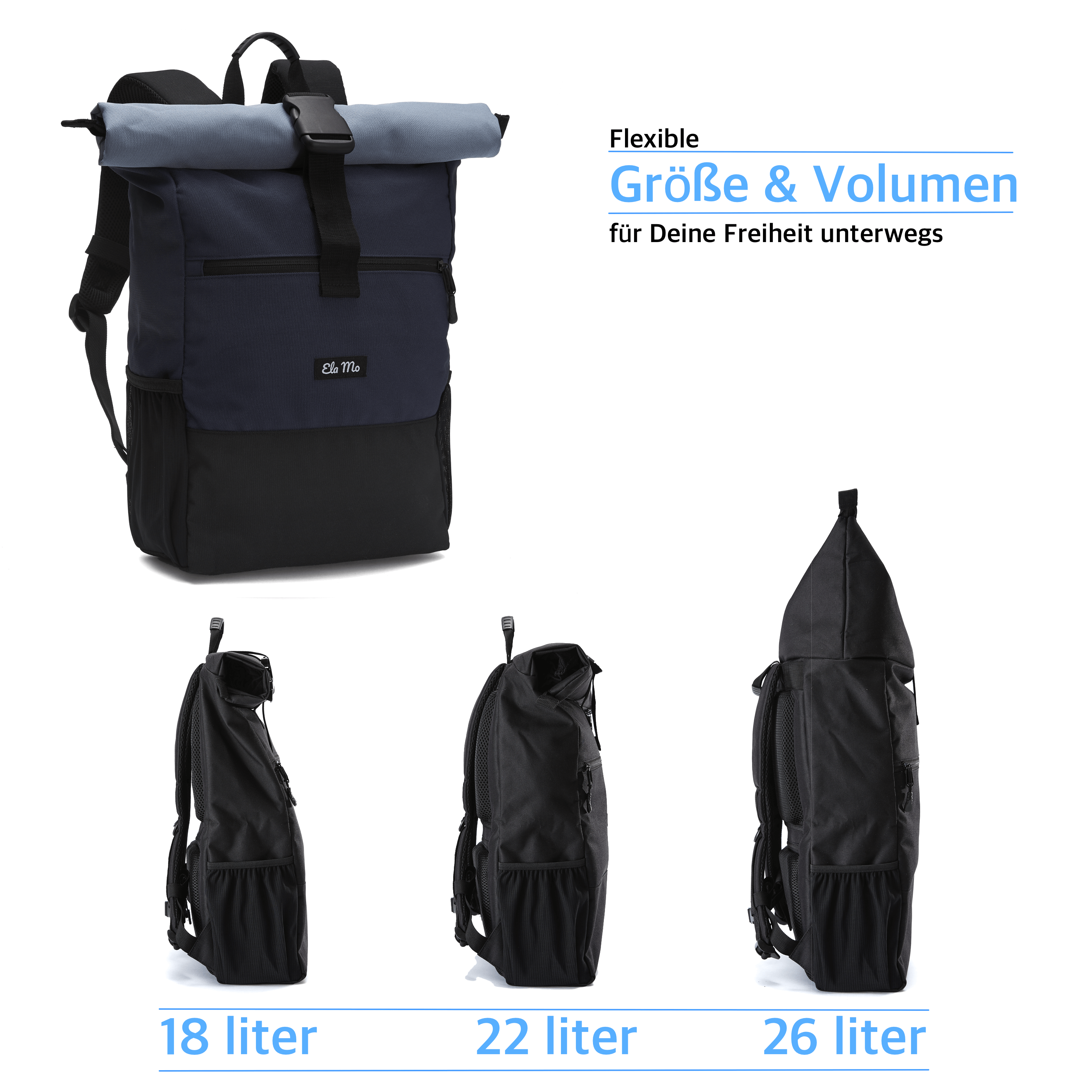 Ela Mo™ Rolltop Rucksack | Nightblue. Rucksack mit drei Möglichkeiten zur Volumenerweiterung auf weißem Hintergrund.