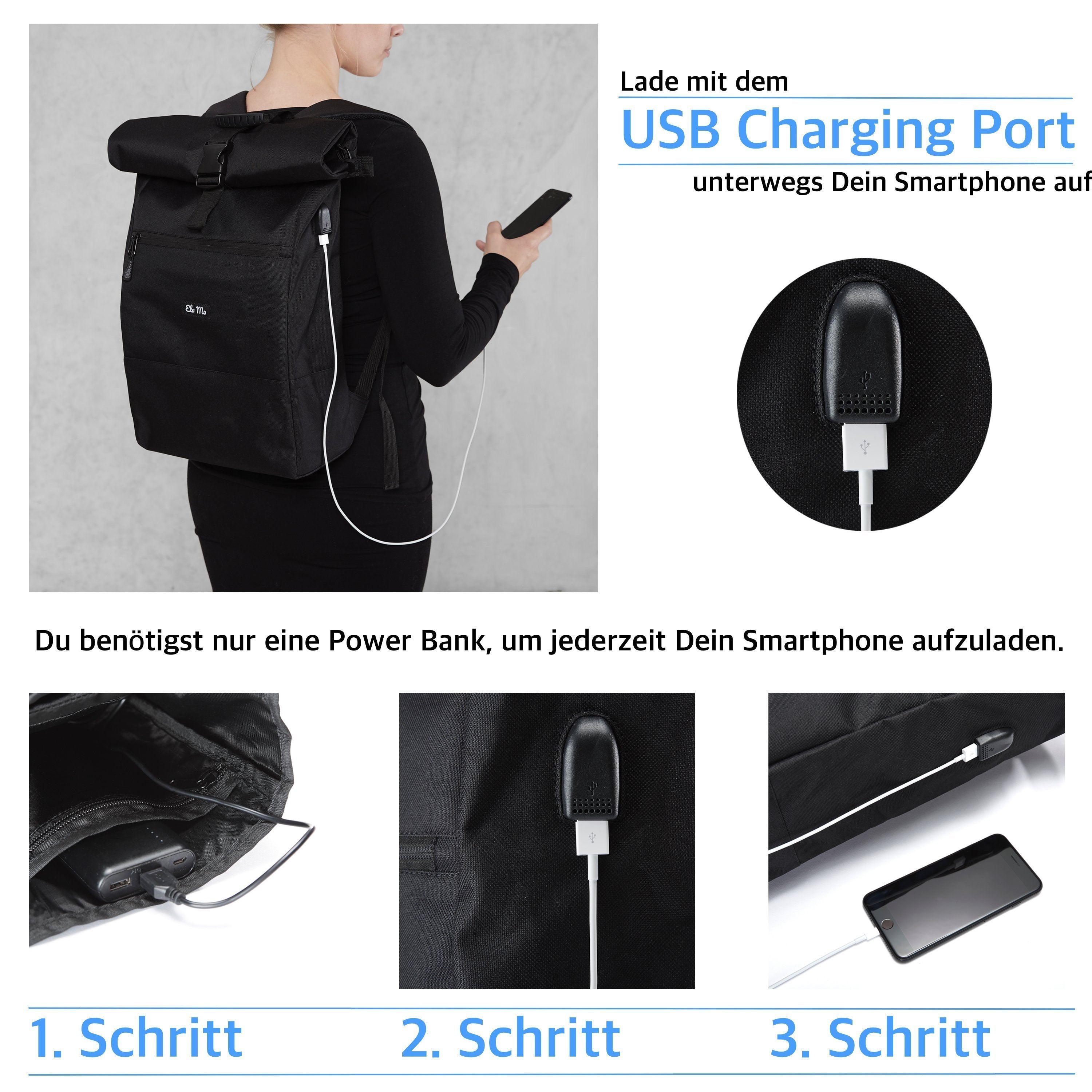 Ela Mo™ Rolltop Rucksack | Nightblue. Rucksack mit Ladekabel und Anleitung zum Aufladen.