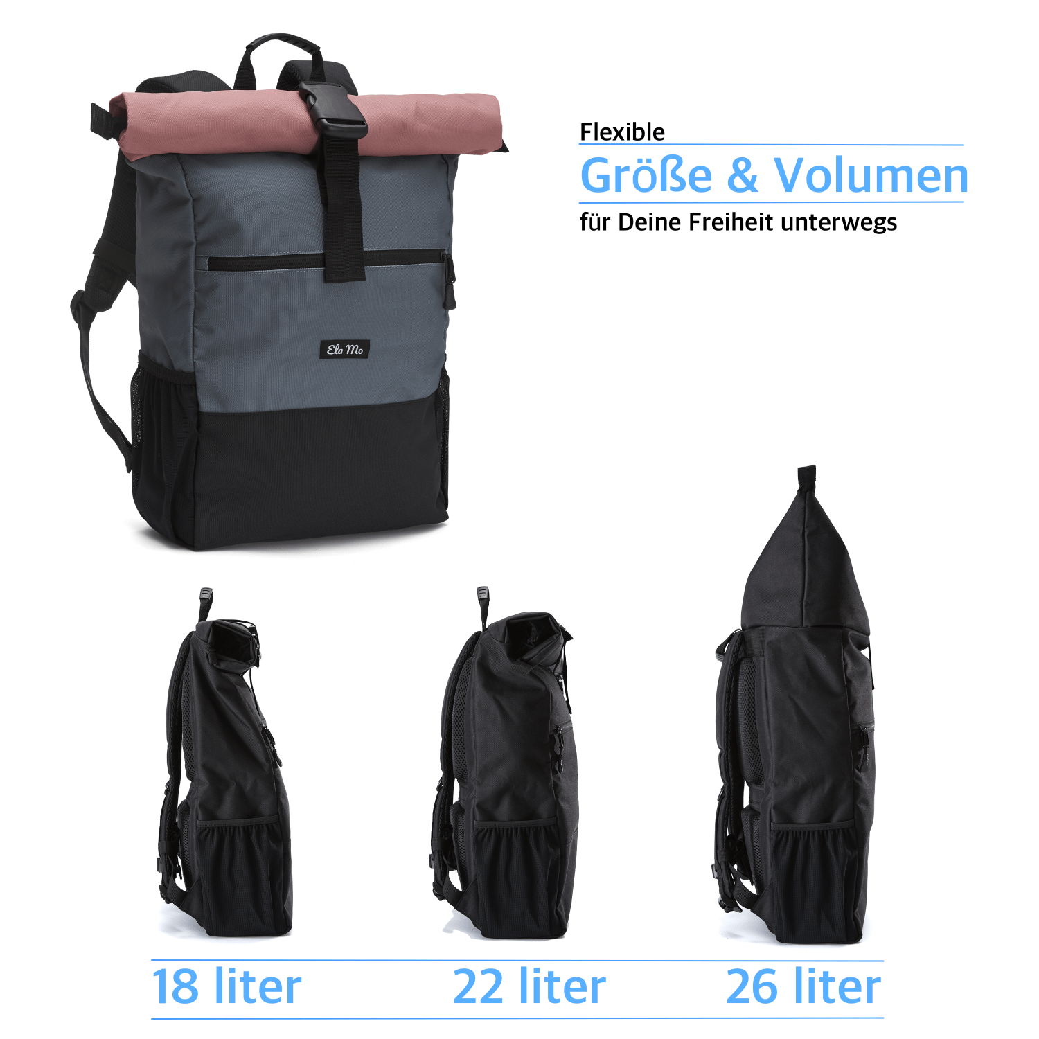 Ela Mo™ Rolltop Rucksack | Salmon. Rucksack mit Maßangaben und drei Möglichkeiten zur Volumenerweiterung.