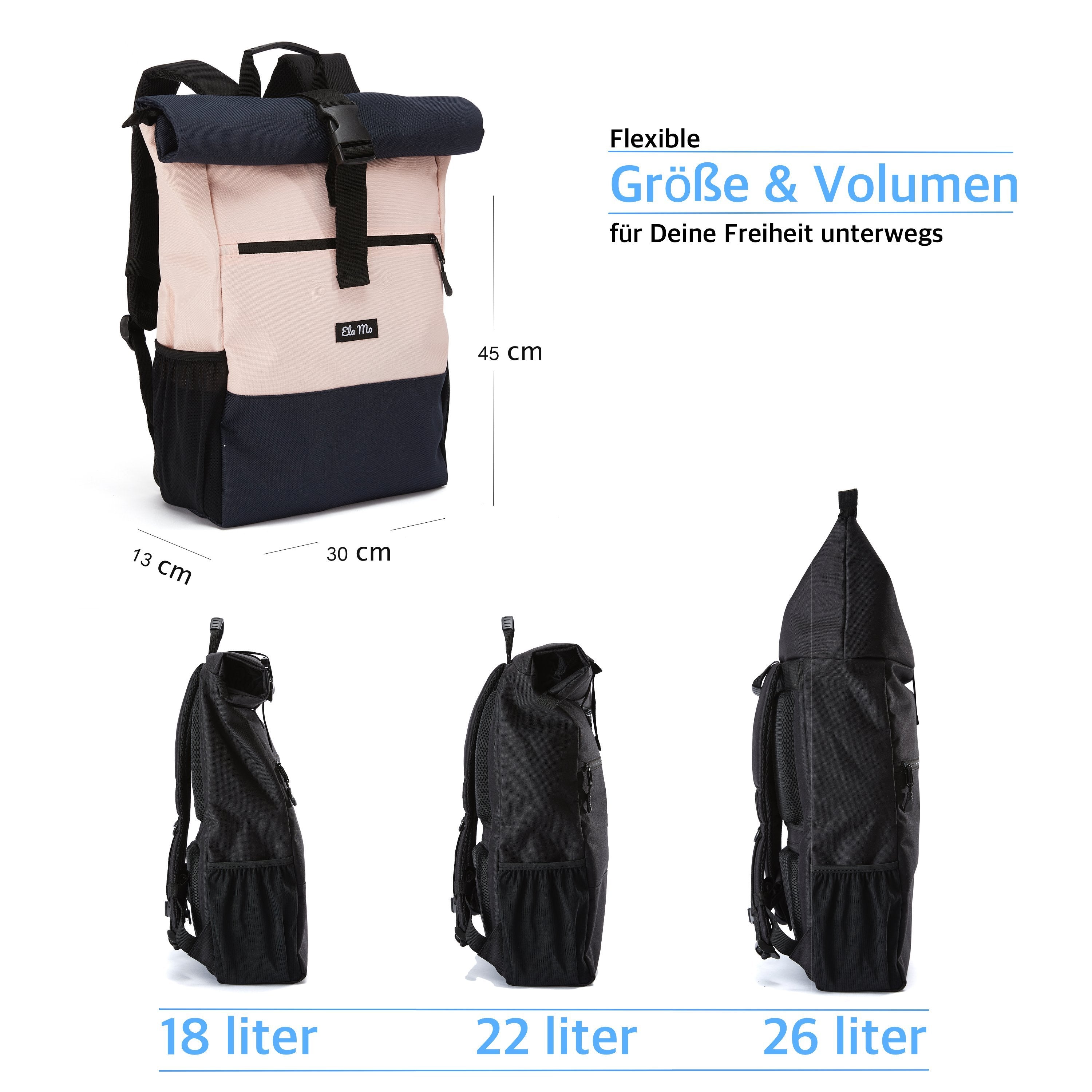 Ela Mo™ Rolltop Rucksack | Pink & Blue. Rucksack mit drei Möglichkeiten zur Volumenerweiterung auf weißem Hintergrund.