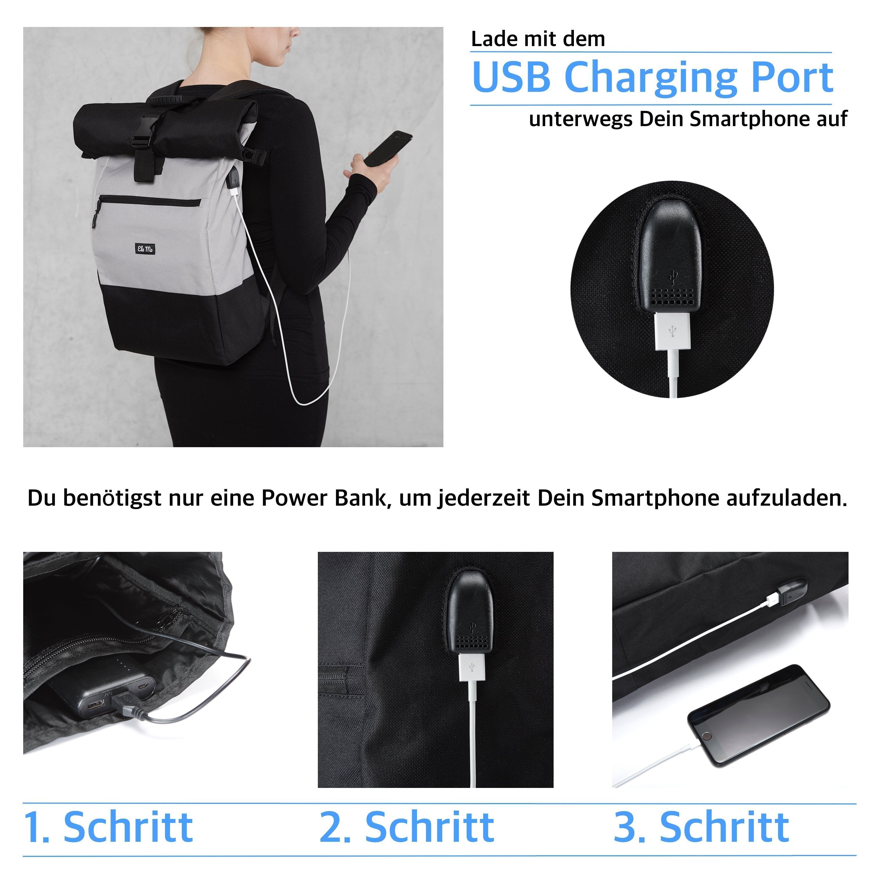 Ela Mo™ Rolltop Rucksack | The Grey. Rucksack mit Ladekabel und Anleitung zum Aufladen.