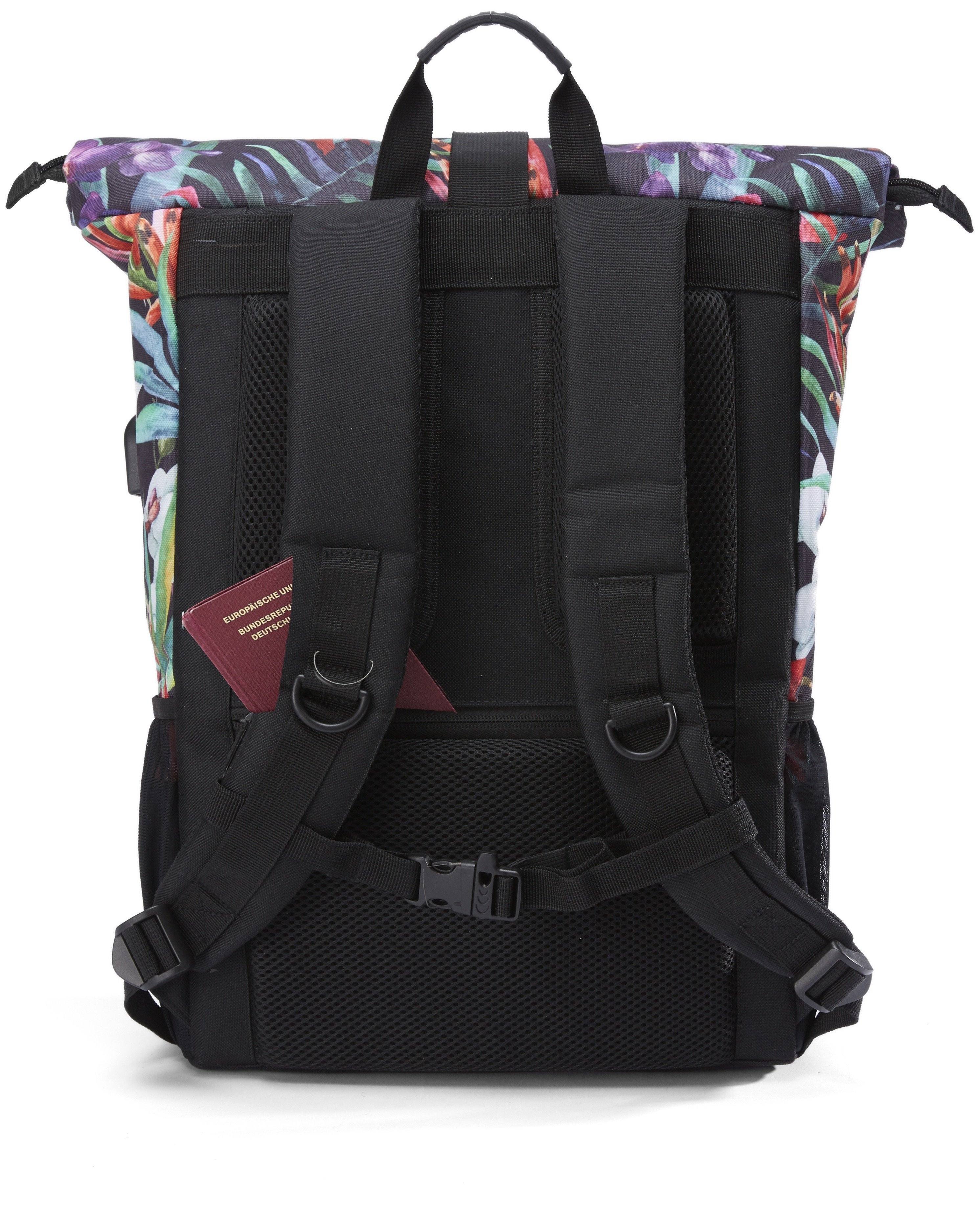 Ela Mo™ Rolltop Rucksack | Tropical Heat. Die Rückseite des Rucksacks mit Schulterriemen und kleinem Außenfach.