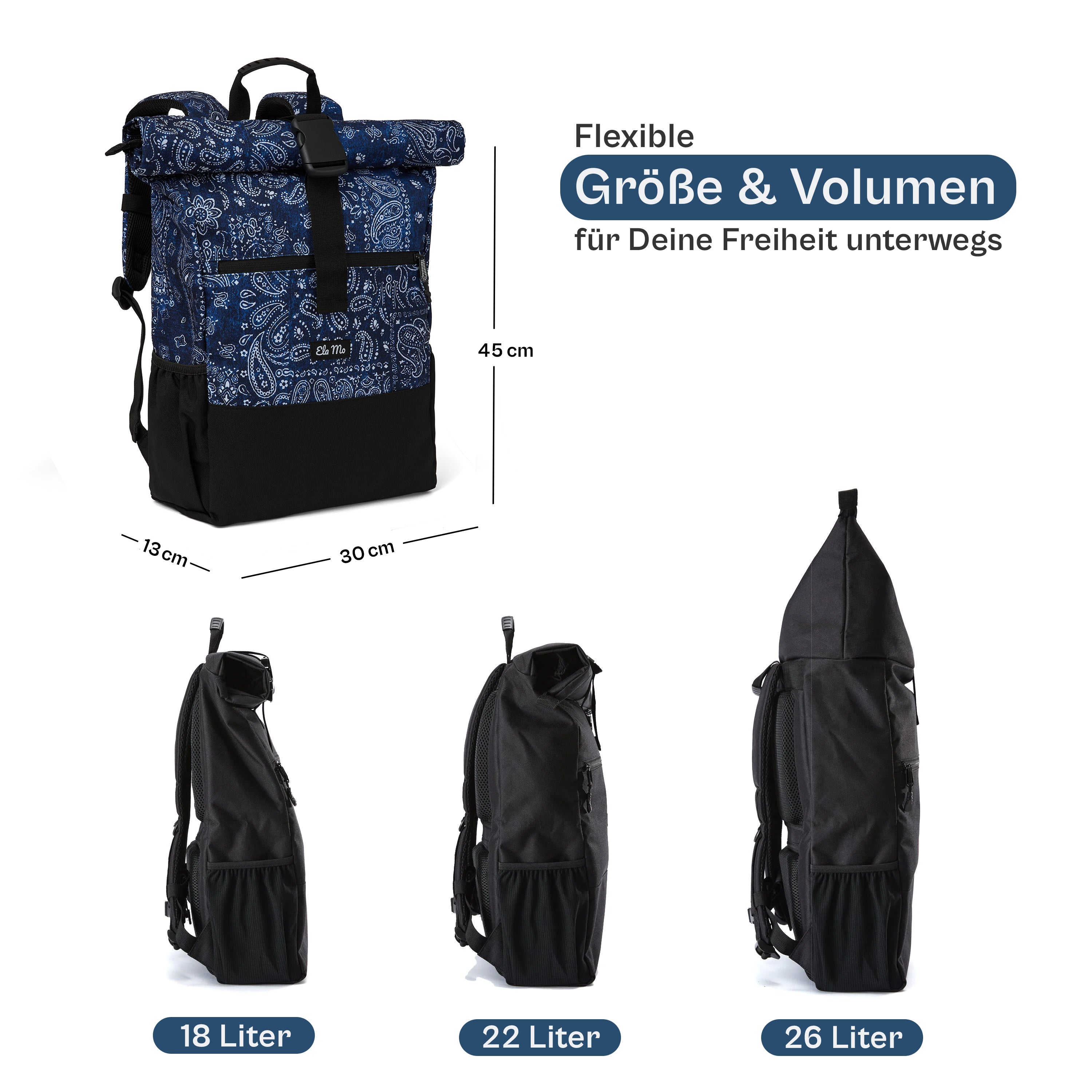 Ela Mo™ Rolltop Rucksack | Denim Paisley